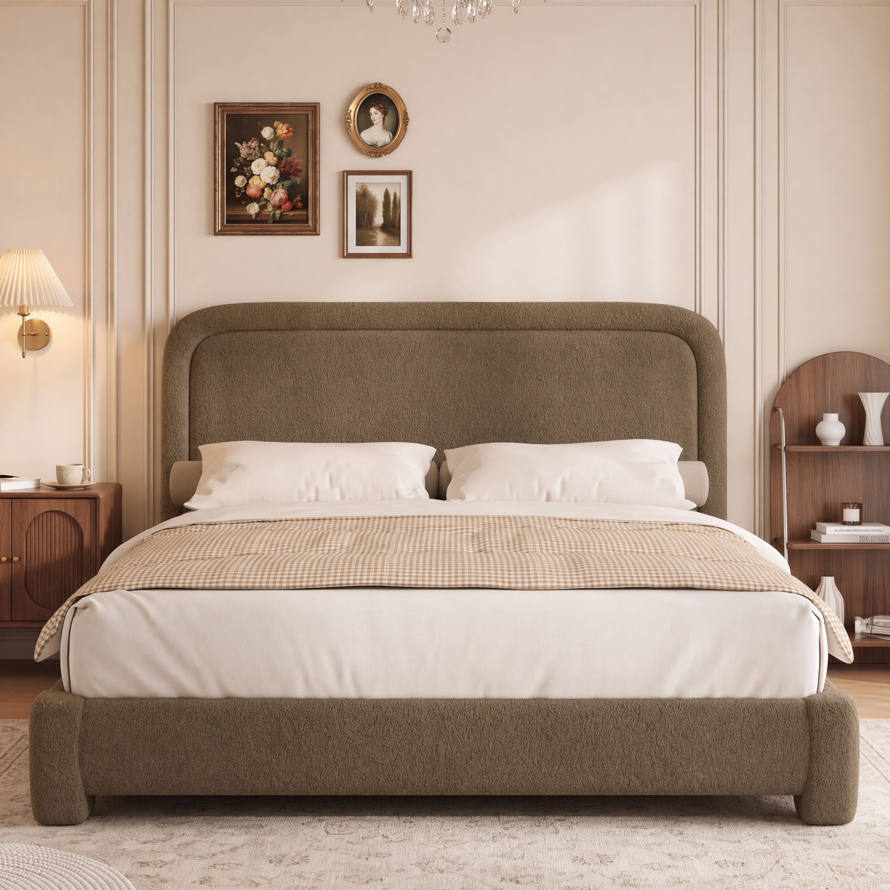 Vipbear - F/Q/K Upholstered Bed Frame with Adjustable Headboard, Curved Sherpa Platform Bed Frame, No Box Spring Required - Brown price history on PriceWatchPro