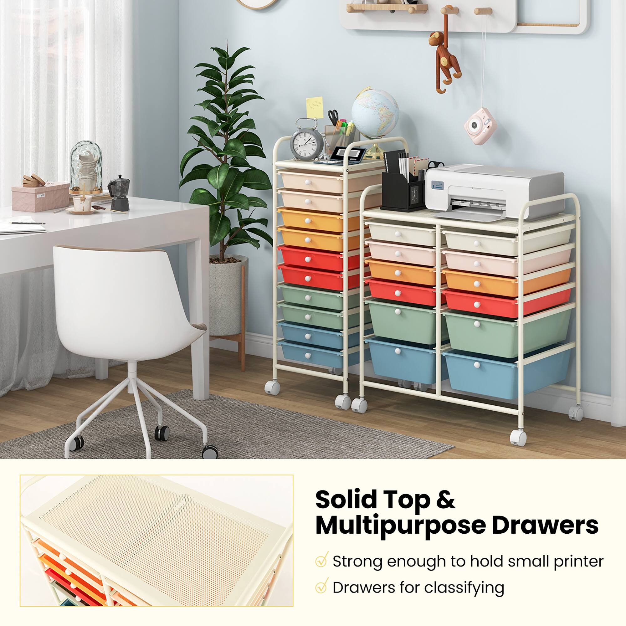 Solid Top & Multipurpose Drawers  
- Strong enough to hold small printer  
- Drawers for classifying
