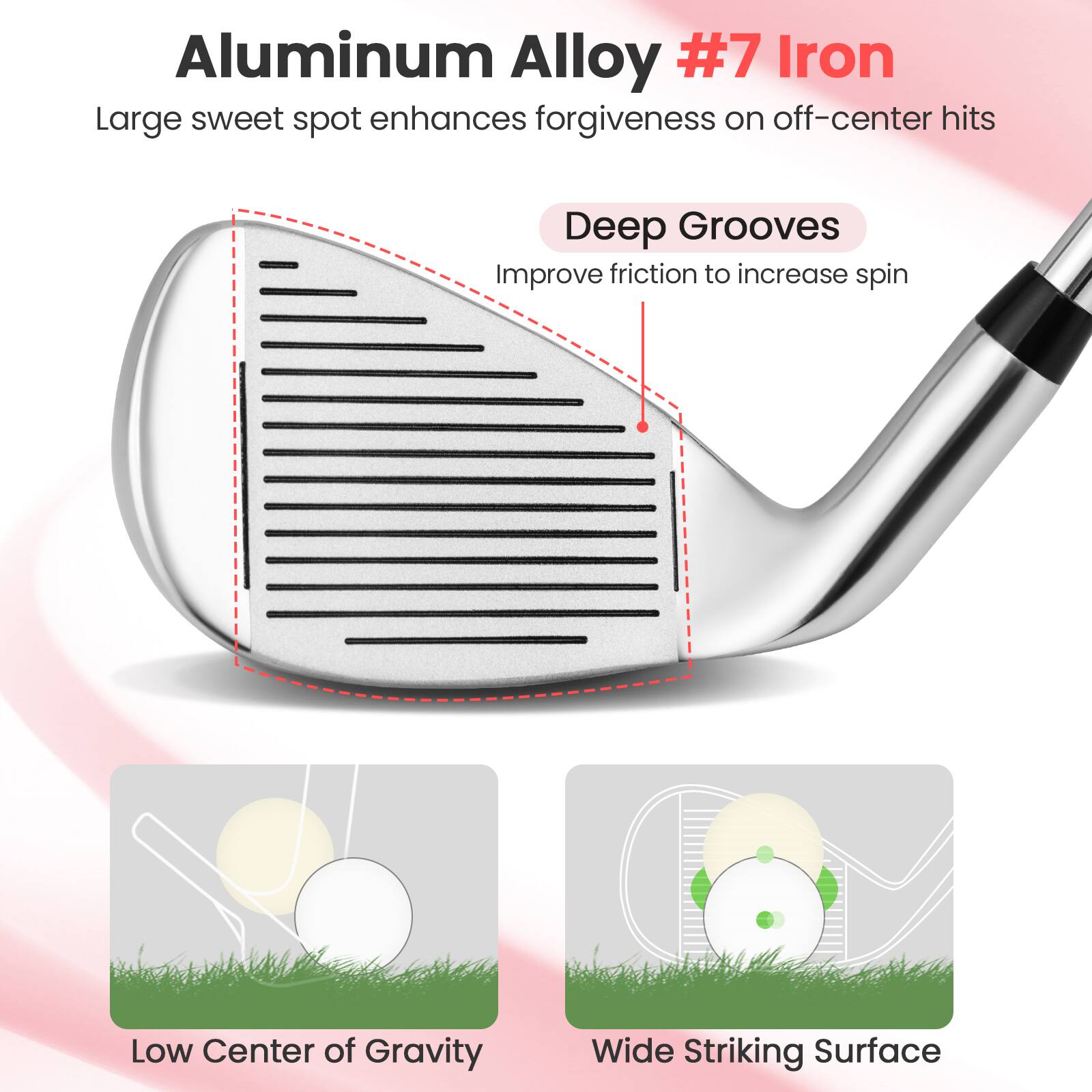 Aluminum Alloy #7 Iron  
Large sweet spot enhances forgiveness on off-center hits  
Deep Grooves  
Improve friction to increase spin  
Low Center of Gravity  
Wide Striking Surface