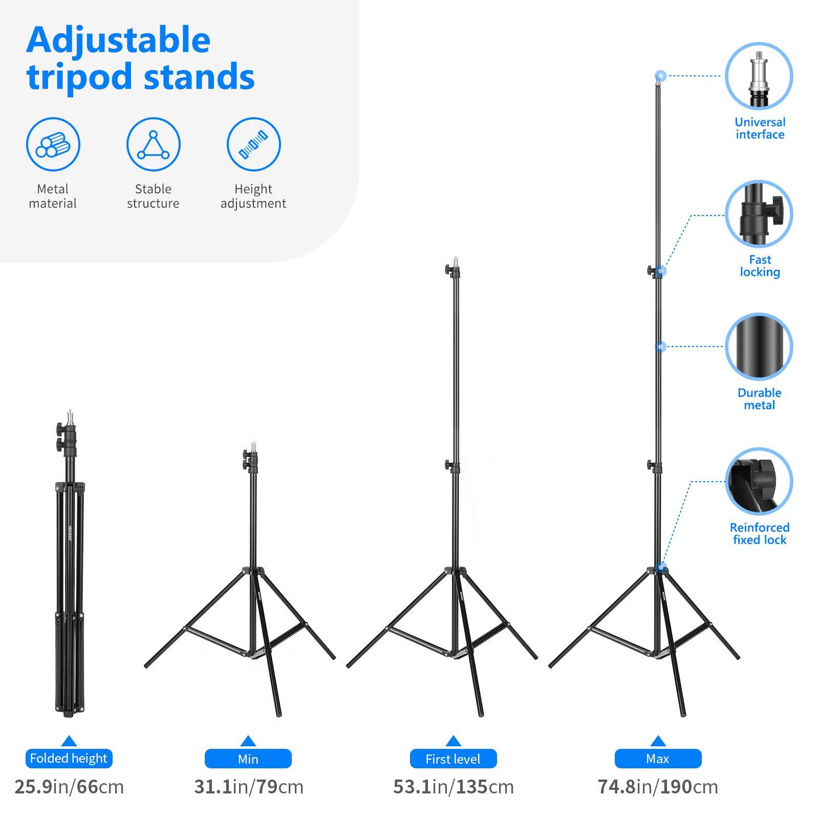 Adjustable tripod stands

- Metal material
- Stable structure
- Height adjustment
- Universal interface
- Fast locking
- Durable metal
- Reinforced fixed lock

Folded height: 25.9in/66cm
Min: 31.1in/79cm
First level: 53.1in/135cm
Max: 74.8in/190cm