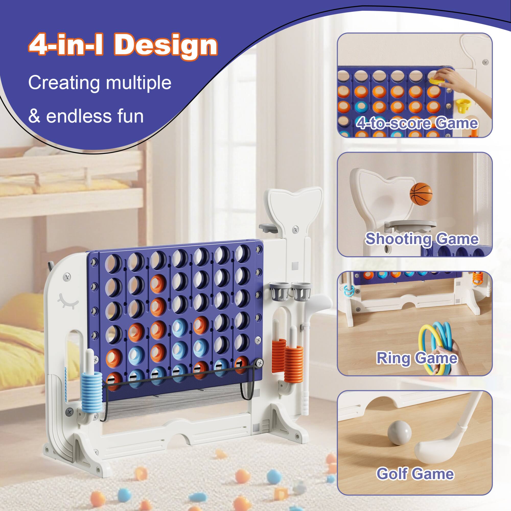 4-in-1 Design  
Creating multiple & endless fun  

4-to-score Game  
Shooting Game  
Ring Game  
Golf Game