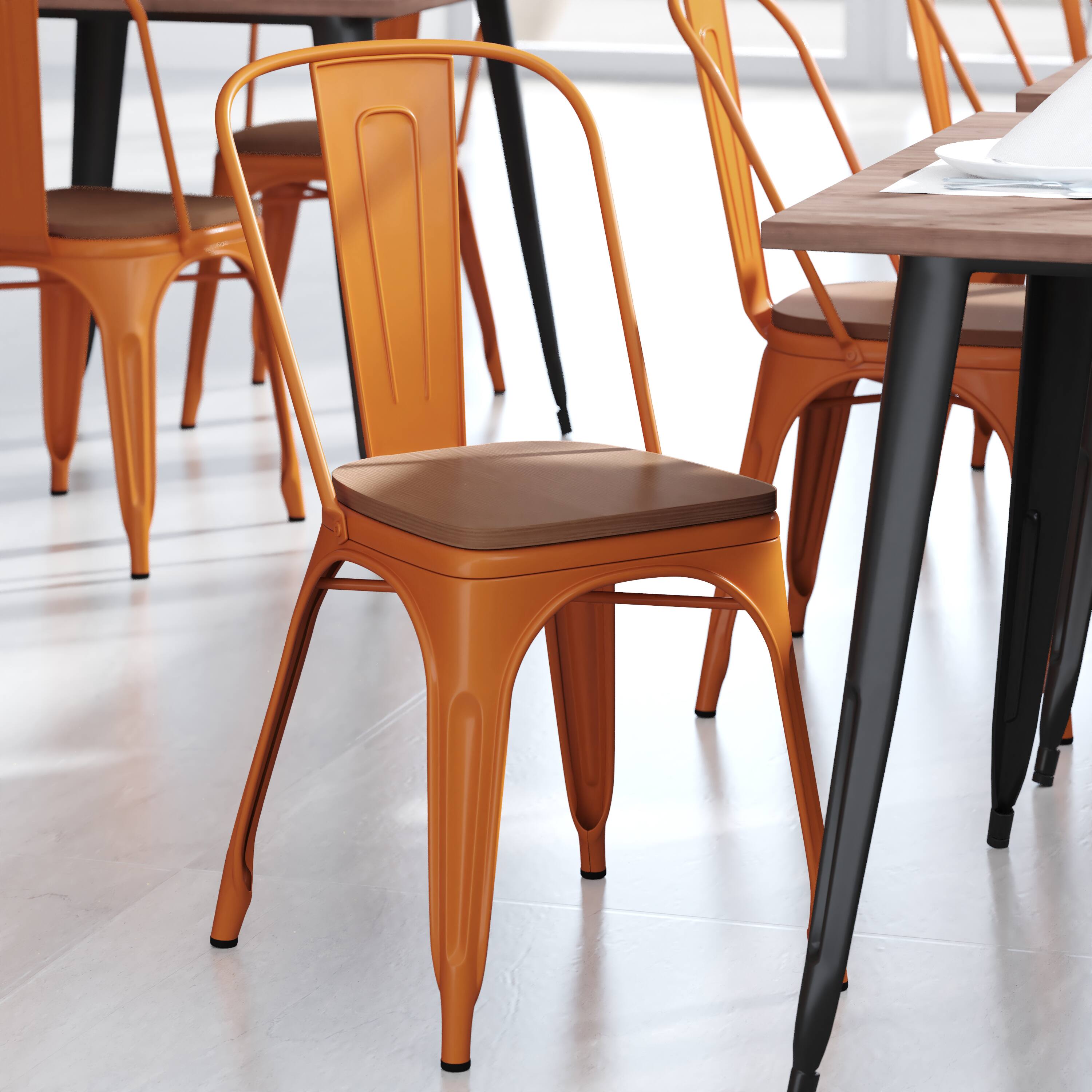 Alt View 3. Emma + Oliver - Perth Metal Stacking Dining Chairs with Poly Resin Seats for Indoor/Outdoor Use - Teak Seat/Orange Frame.