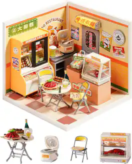 Robotime - Rolife Super Creator Series, DIY Mini Night Out Food Stall Dollhouse House Kit, Build for Action Collectible Figures - Brown