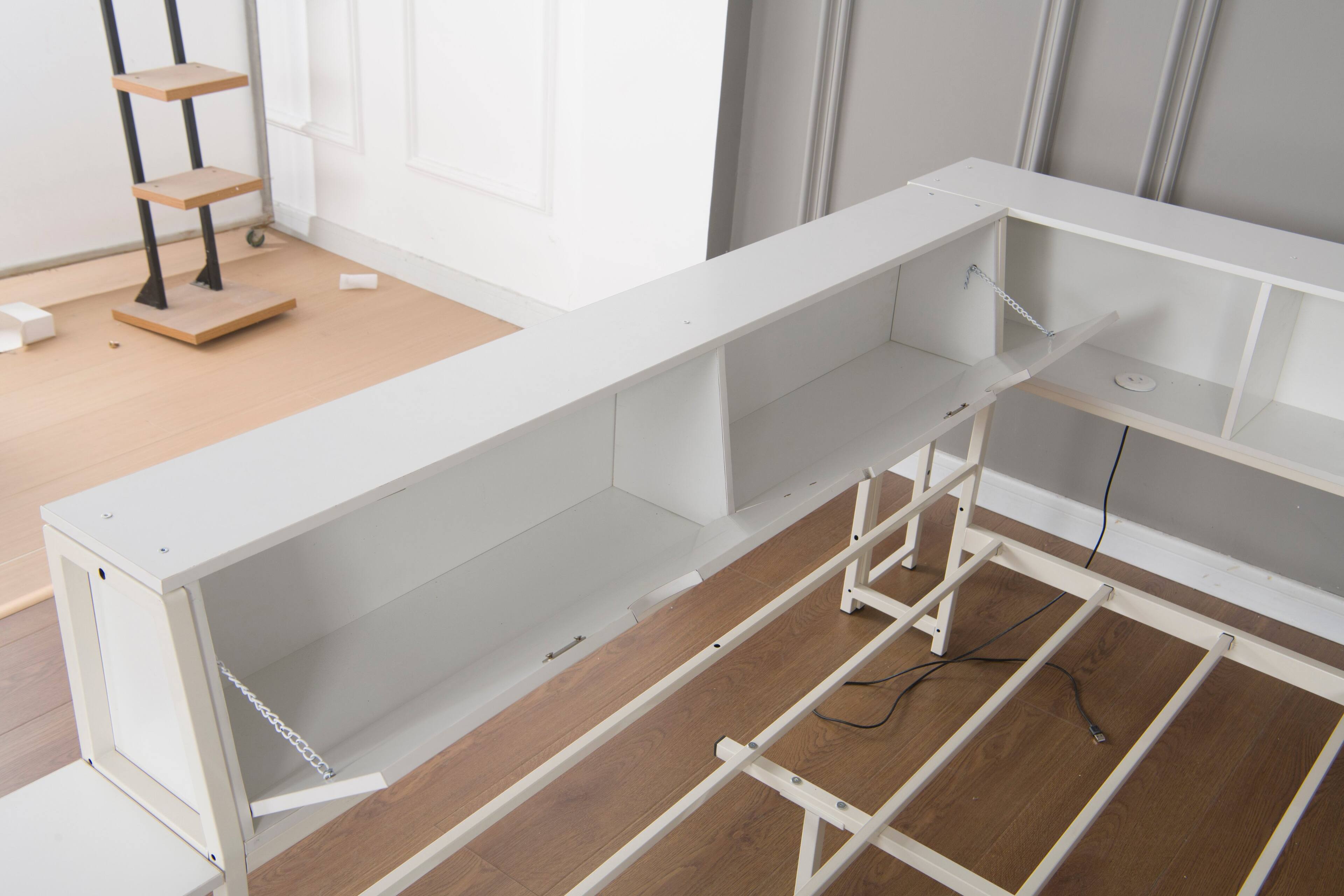 Alt View 1. LUCKY ONE - Twin Size Corner Bed Frame with Bookcase and 2 Underbed Storage Drawers - White.