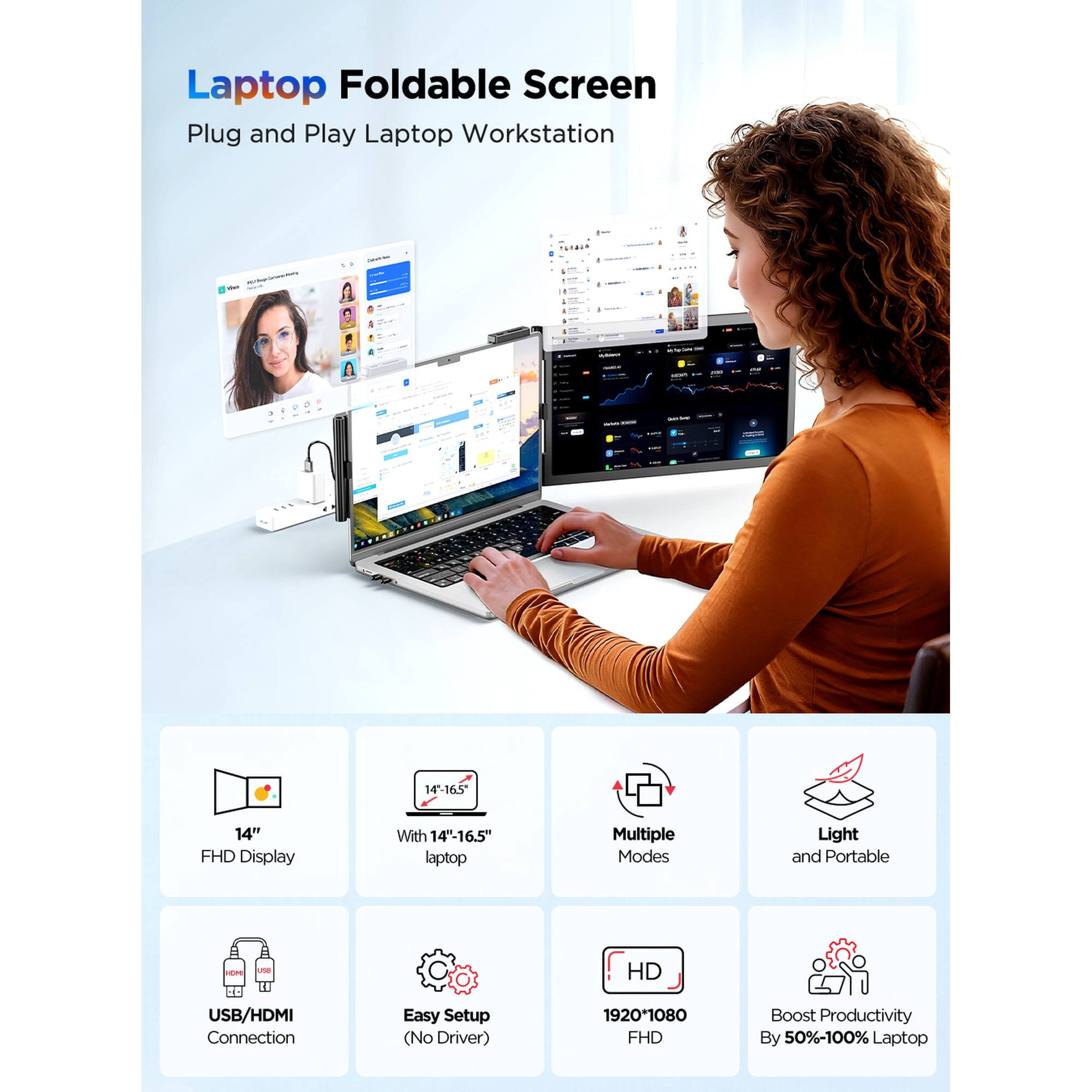 Laptop Foldable Screen Plug and Play Laptop Workstation - 14-16.5" 14" FHD Display With 14"-16.5" laptop Multiple Modes Light and Portable HD USB/HDMI Connection Easy Setup (No Driver) 1920*1080 FHD Boost Productivity By 50%-100% Laptop