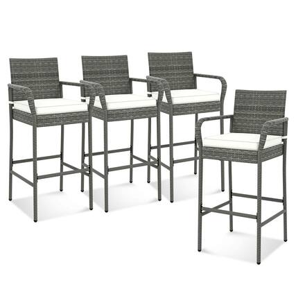 Front. Costway - Costway 4PCS Patio PE Wicker Bar Chairs Counter Height Barstools With Armrests &Cushions - Gray,Off White.