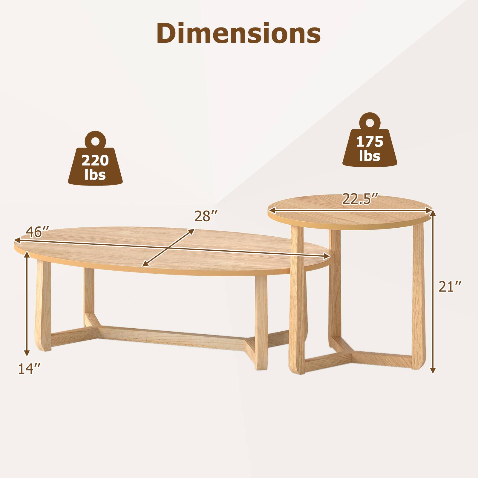 Dimensions:  
- 220 lbs  
- 175 lbs  
- 46"  
- 28"  
- 22.5"  
- 21"  
- 14"