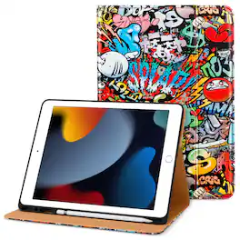 DTTO - Case for iPad 9th/8th/7th Generation 10.2 Inch 2021/2020/2019, Premium Leather Folio Stand - Auto Wake/Sleep - Graffiti
