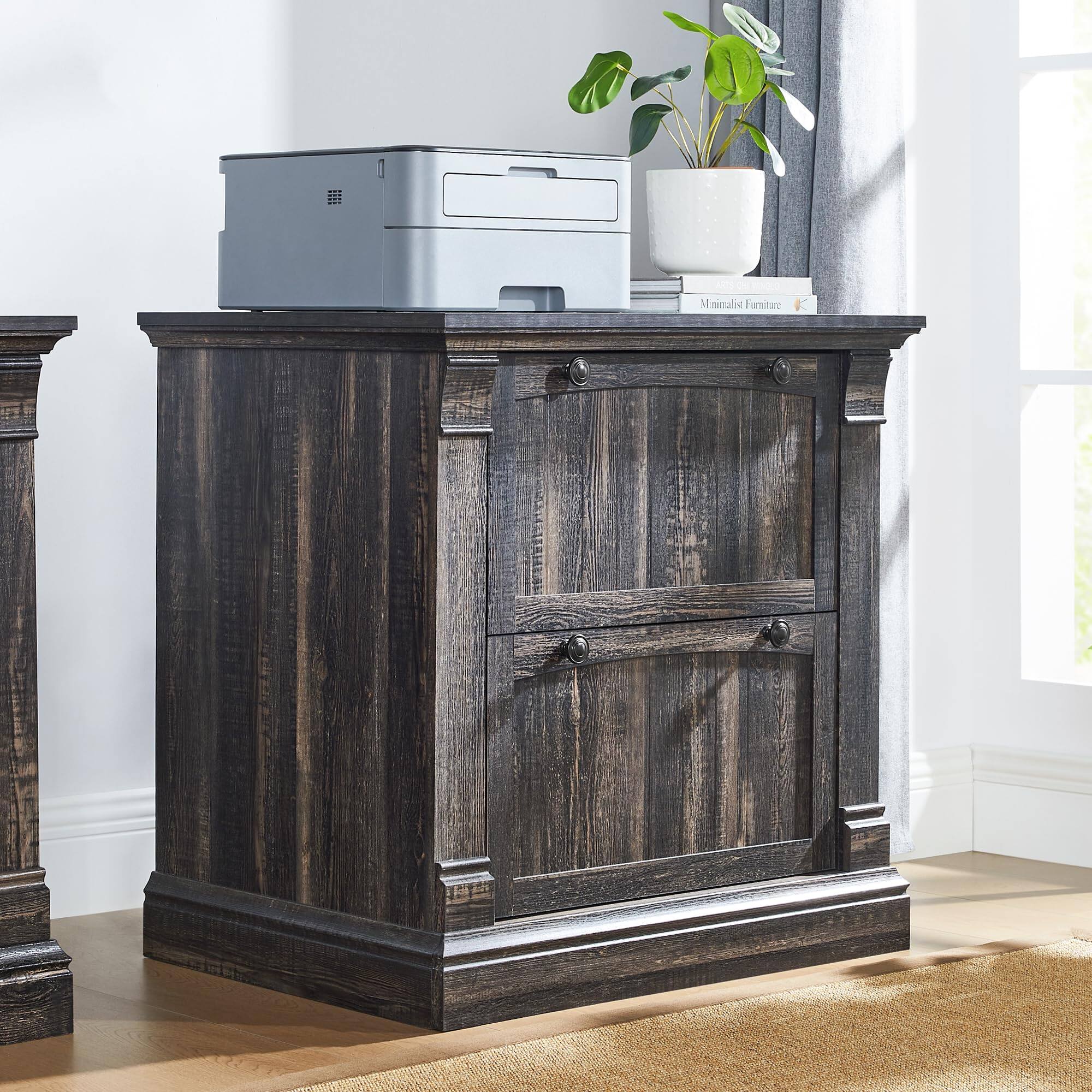 OMOMMD - Rustic 2-Drawer Lateral File Cabinet, Wood Grain, Hanging Rails, 35.3" - Dark Rustic Oak 30"