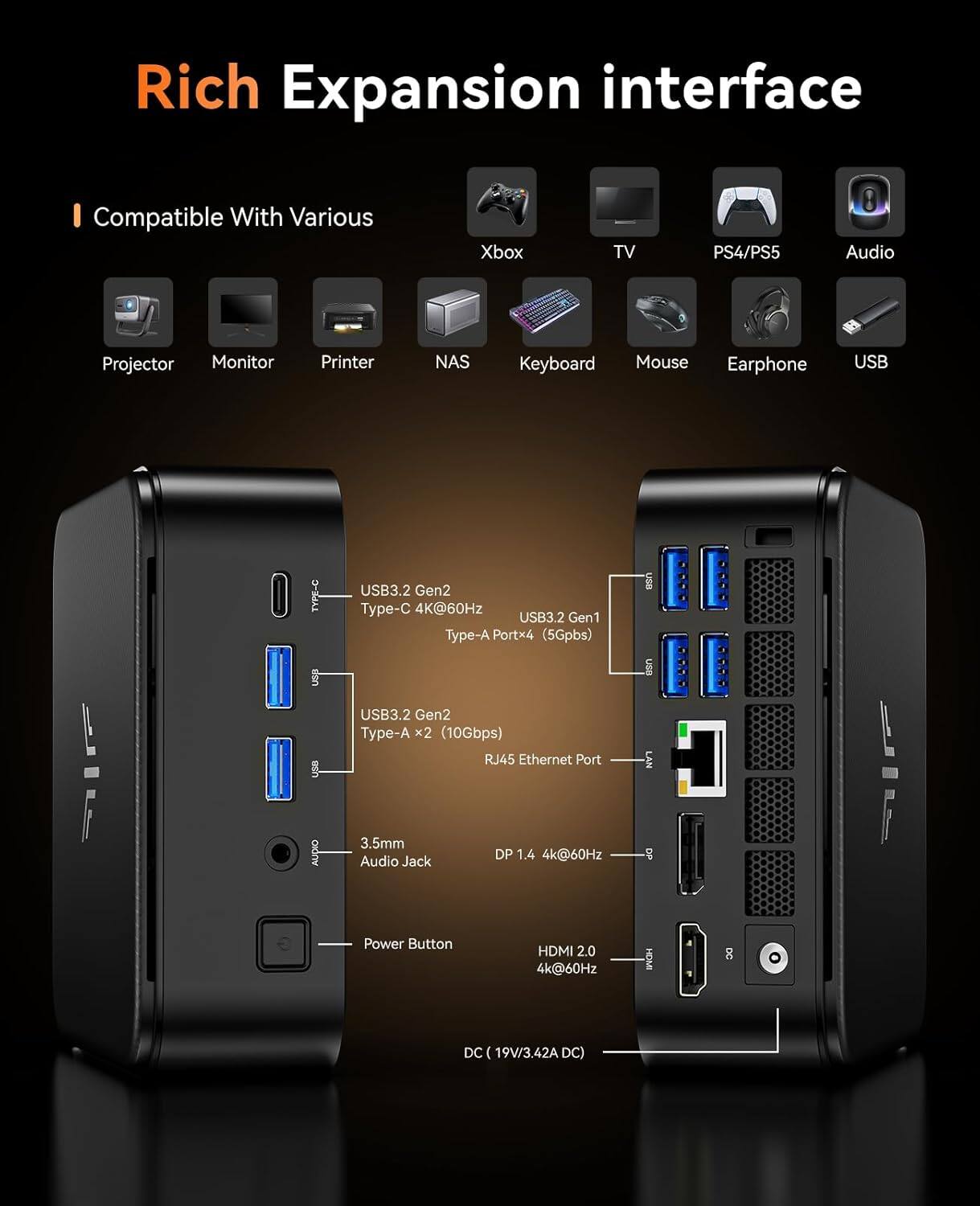 Rich Expansion interface  
Compatible With Various  
Xbox TV PS4/PS5 Audio Projector Monitor Printer NAS Keyboard Mouse Earphone USB  
USB3.2 Gen2 Type-C 4K@60Hz  
USB3.2 Gen1 Type-A Portx4 (5Gbps)  
USB3.2 Gen2 Type-A x2 (10Gbps)  
RJ45 Ethernet Port LAN  
3.5mm Audio Jack  
DP 1.4 4k@60Hz  
HDMI 2.0 4k@60Hz  
DC: 19V/3.42A DC