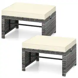Gymax - 2 Pieces Patio PE Rattan Ottomans with Soft Zippered Cushions for Deck - White