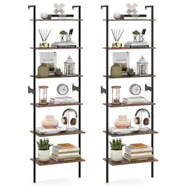 Costway - 2 PCS 6-Tier Storage Shelf Heavy Duty Shelving Unit Freestanding ladder bookshelf - Rustic Brown + Black
