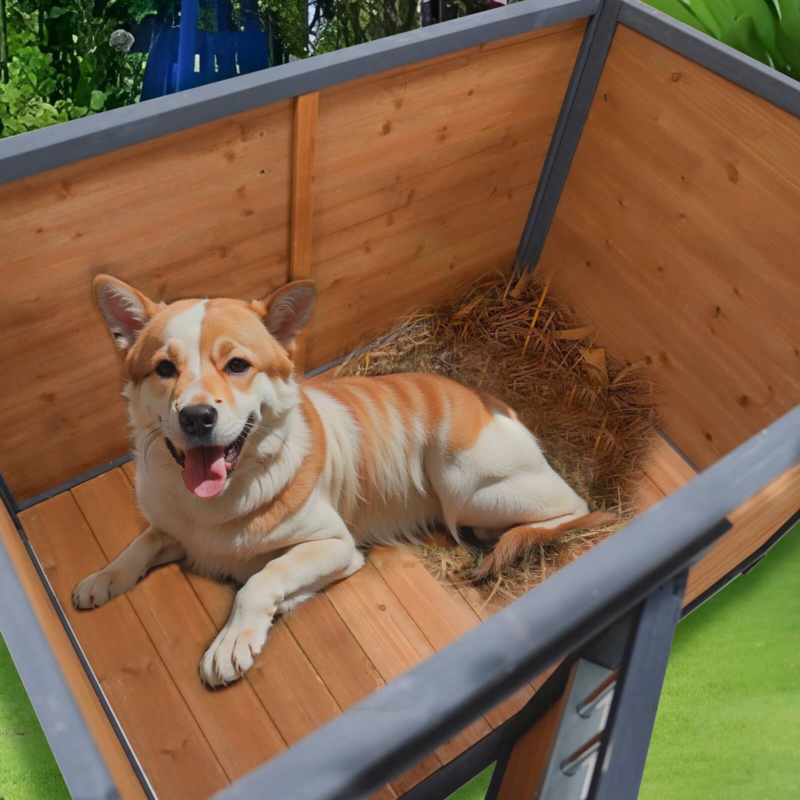Left. Siljoy - 45" Solid Wood Dog House, Large PVC Waterproof Roof & Lockable Door, Elevated Floor for Big Dogs.