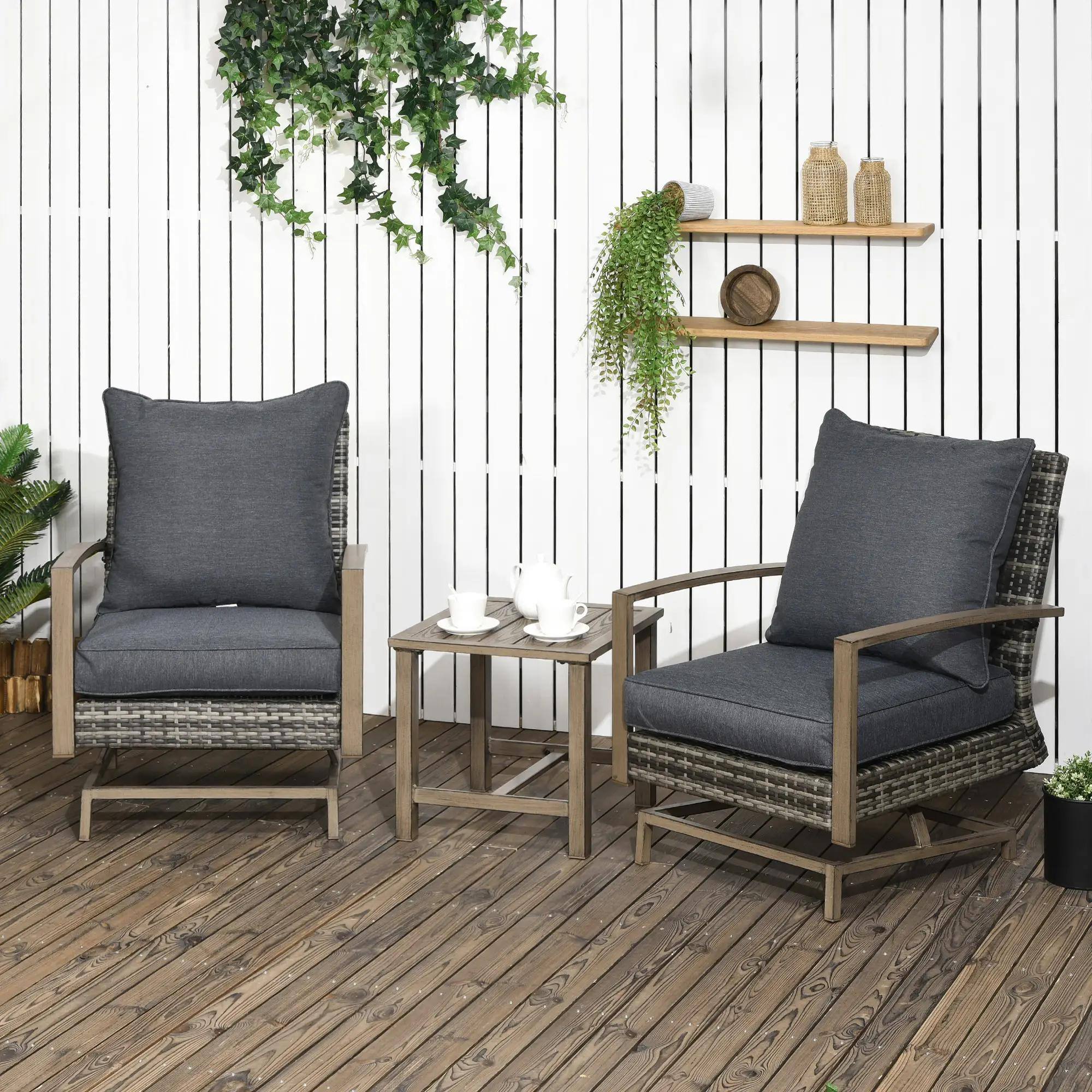 Alt View 6. Resenkos - Resenkos 3-Piece Rattan Patio Bistro Furniture Set, Soft Cushions and Rocking Function, Dark Gray - Dark Gray.