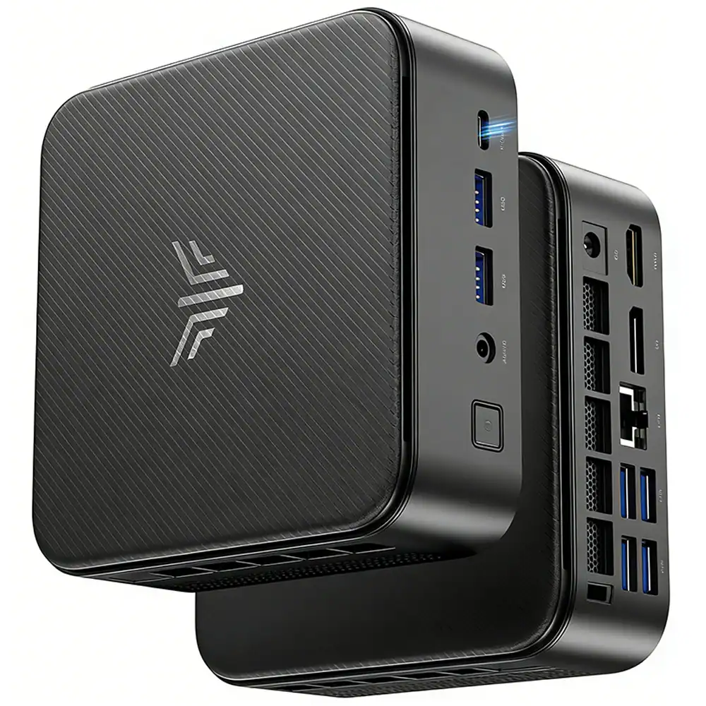Front. Kamrui - E3B Gaming Mini PC - AMD Ryzen 7 7735HS 8C/16T - 24GB LPDDR5 1024GB SSD - WiFi 6 BT5.2 Win11PRO - Black.