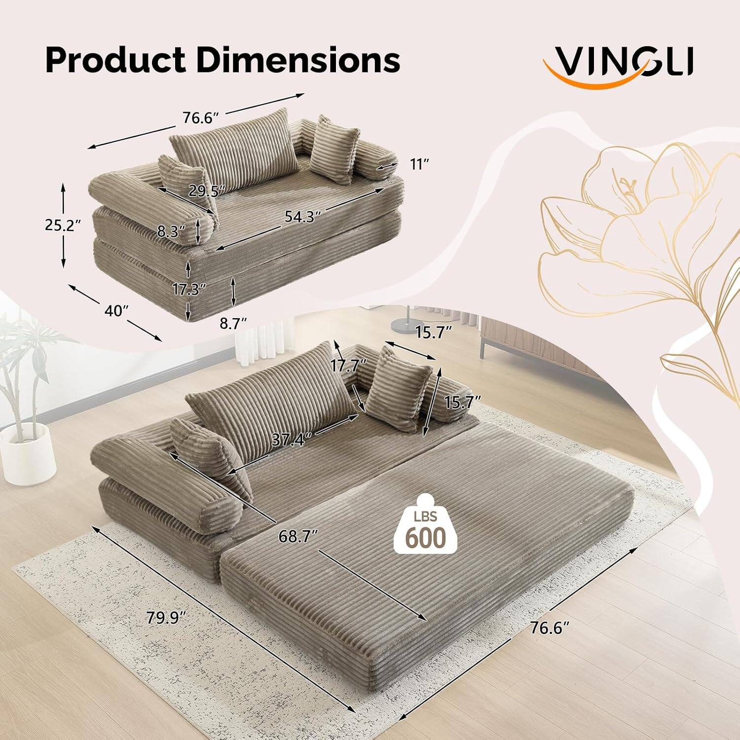 Product Dimensions:  
- Length: 76.6"  
- Width: 40"  
- Height: 11"  
- Seat Height: 17.3"  
- Back Height: 25.2"  
- Armrest Height: 8.3"  
- Depth: 54.3"  
- Cushion Thickness: 8.7"  
- Seat Cushion Thickness: 15.7"  
- Back Cushion Thickness: 15.7"  
- Overall Height: 29.5"  
- Overall Width: 79.9"  
- Overall Length: 76.6"  
- Weight Capacity: 600 LBS