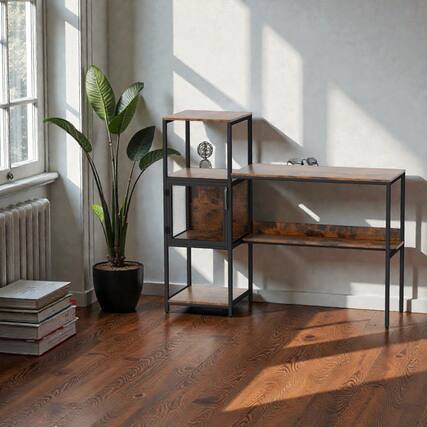 Front. Hivvago - All-in-One Office Desk with Side Cabinet, Book Storage, and Tiered Shelves - Rustic Brown.