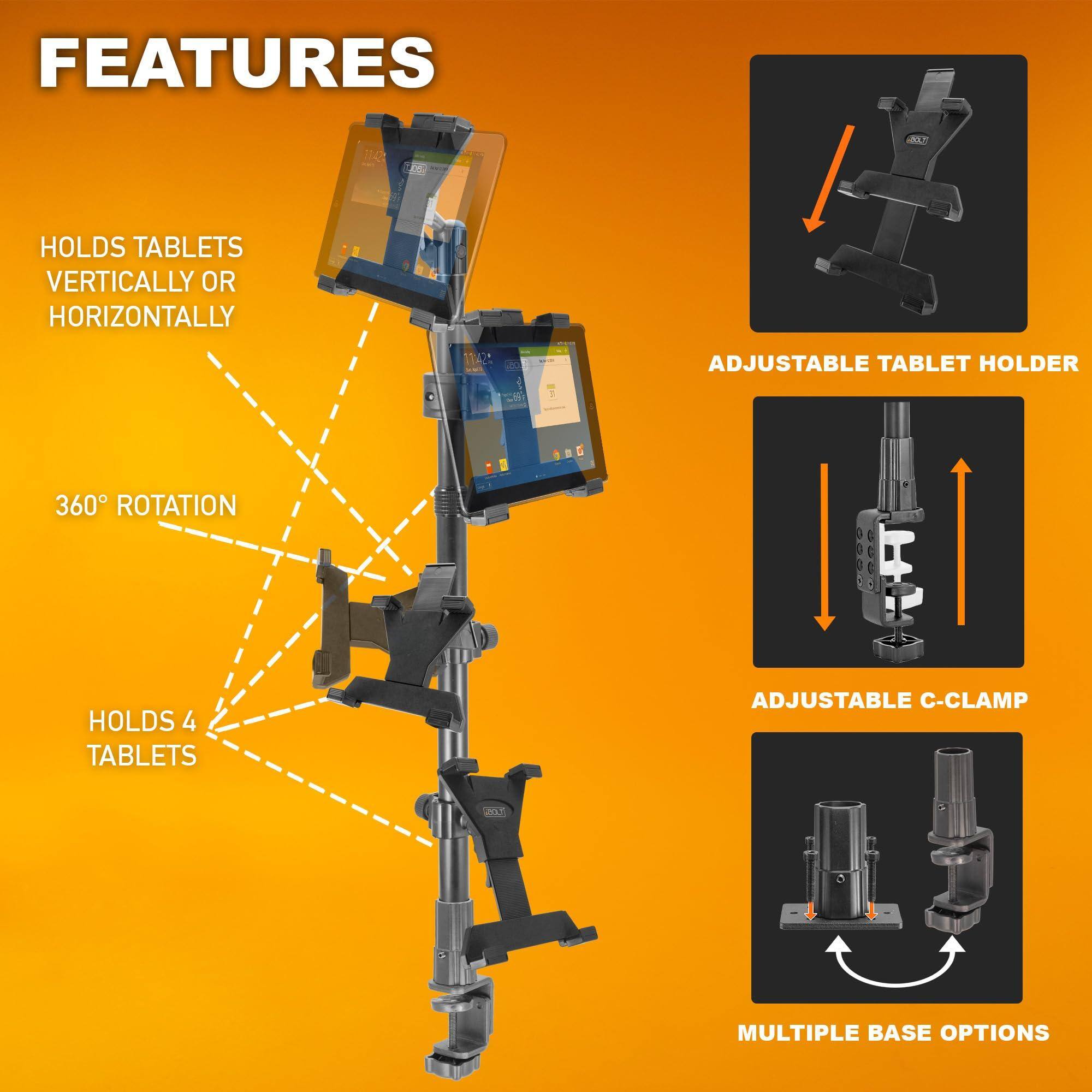**FEATURES**

- HOLDS TABLETS VERTICALLY OR HORIZONTALLY
- 360° ROTATION
- HOLDS 4 TABLETS
- ADJUSTABLE TABLET HOLDER
- ADJUSTABLE C-CLAMP
- MULTIPLE BASE OPTIONS