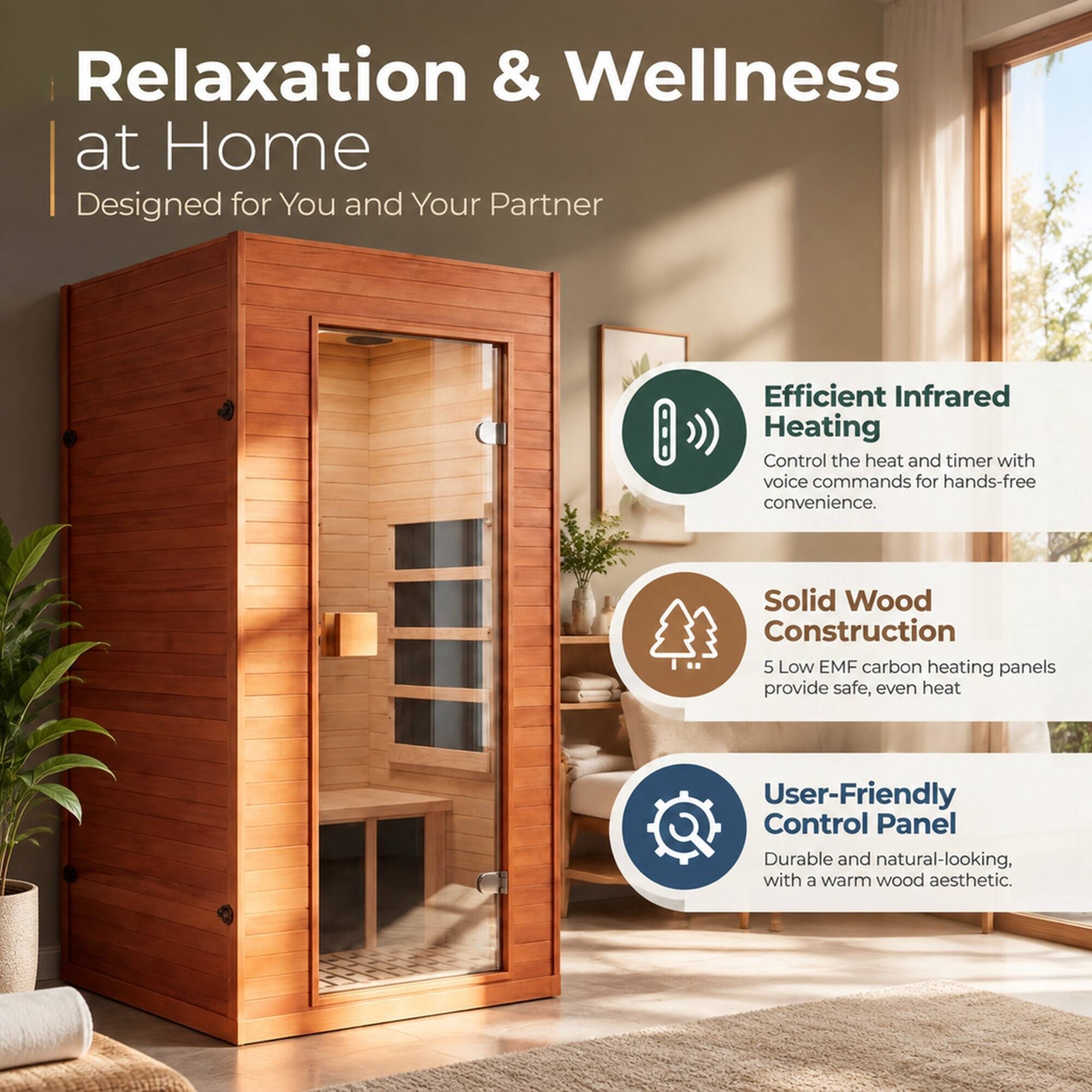 Relaxation & Wellness at Home  
Designed for You and Your Partner

Efficient Infrared Heating  
Control the heat and timer with voice commands for hands-free convenience.

Solid Wood Construction  
5 Low EMF carbon heating panels provide safe, even heat

User-Friendly Control Panel  
Durable and natural-looking, with a warm wood aesthetic.