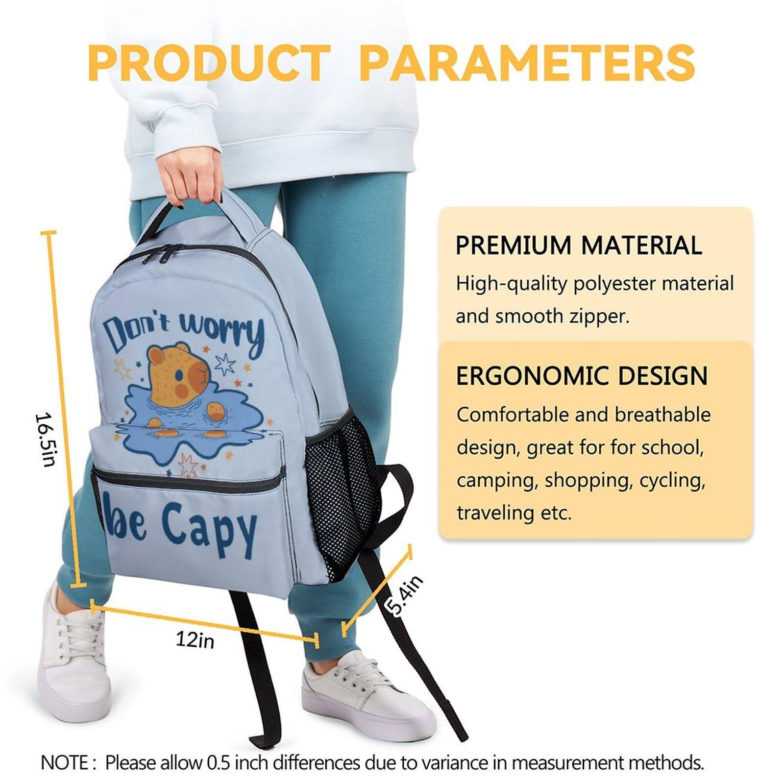 Back. Cozy Serene - School Backpack For  16" Light Blue Backpacks Cute Large Capacity Bookbag Students To Supplies Gifts Animals Lovers - Capybara-2-3pc.