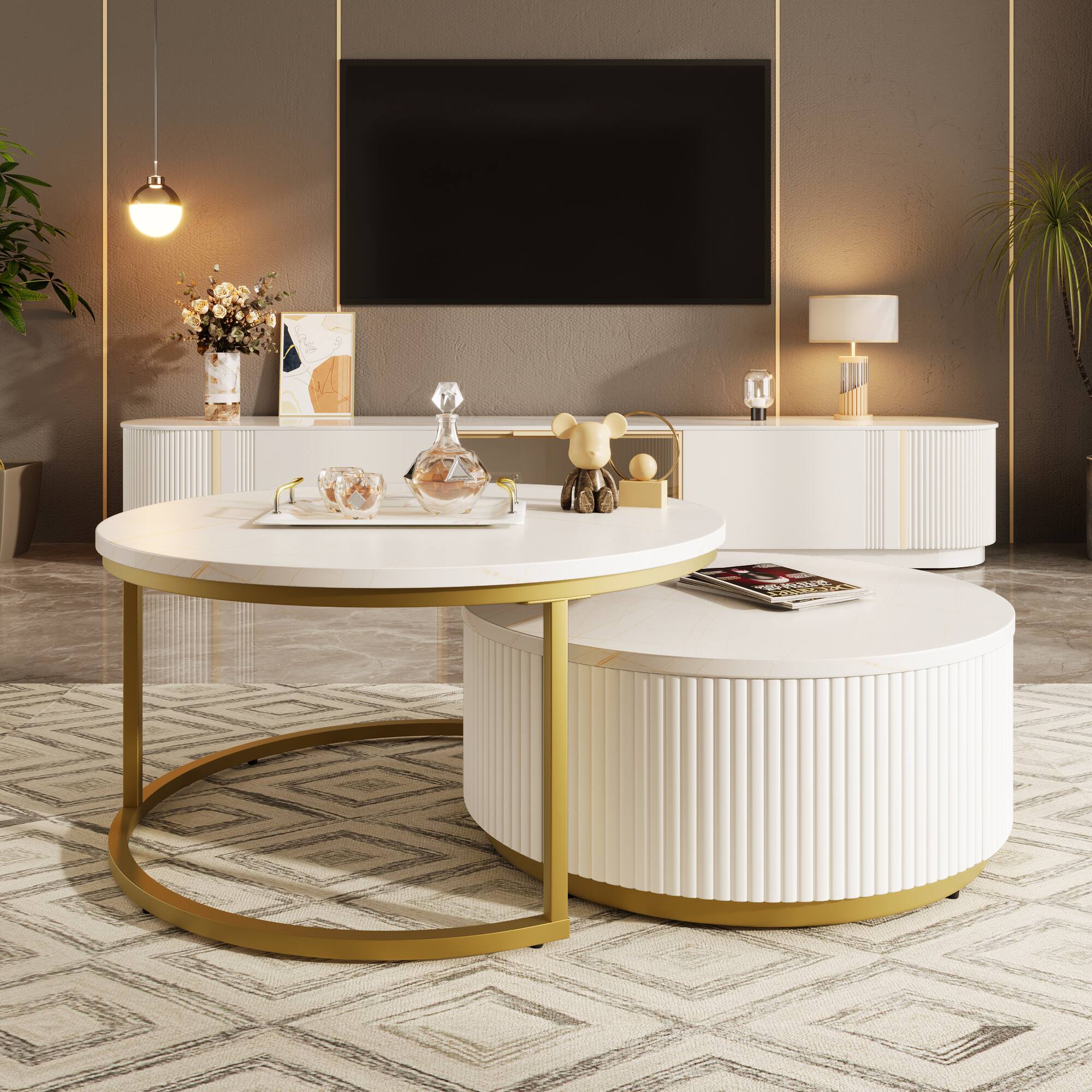 Angle. Tiramisubest - Modern Round Nesting Coffee Table Fluted with Drawer in White & Gold in 31.5" - Golden+White.