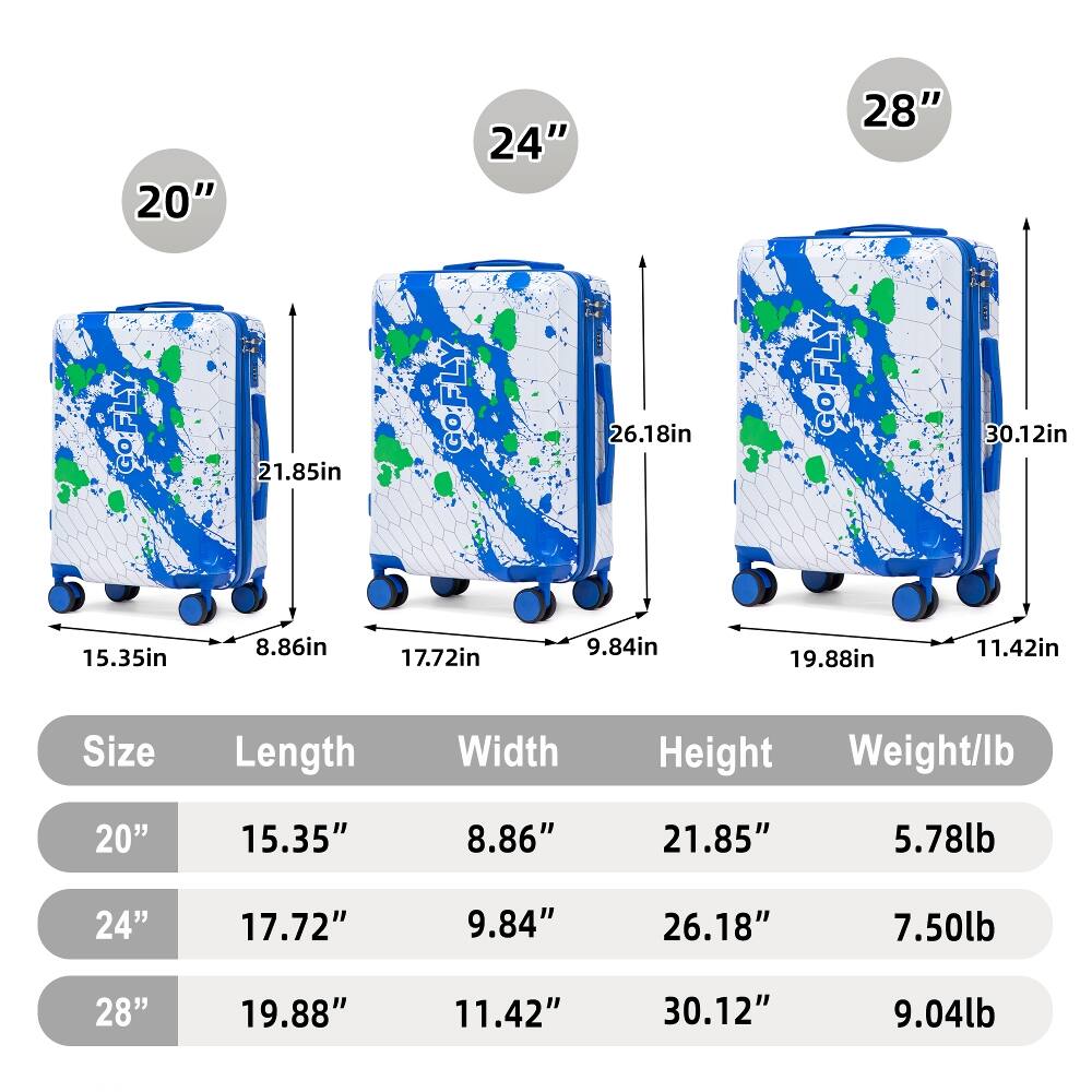 20" GO:FL. 21.85in  
24" GO:FL 26.18in  
28" CO:FL 30.12in  
15.35in  
8.86in  
17.72in  
9.84in  
19.88in  
11.42in  
Size  
Length  
Width  
Height  
Weight/lb  
20"  
15.35"  
8.86"  
21.85"  
5.78lb  
24"  
17.72"  
9.84"  
26.18"  
7.50lb  
28"  
19.88"  
11.42"  
30.12"  
9.04lb