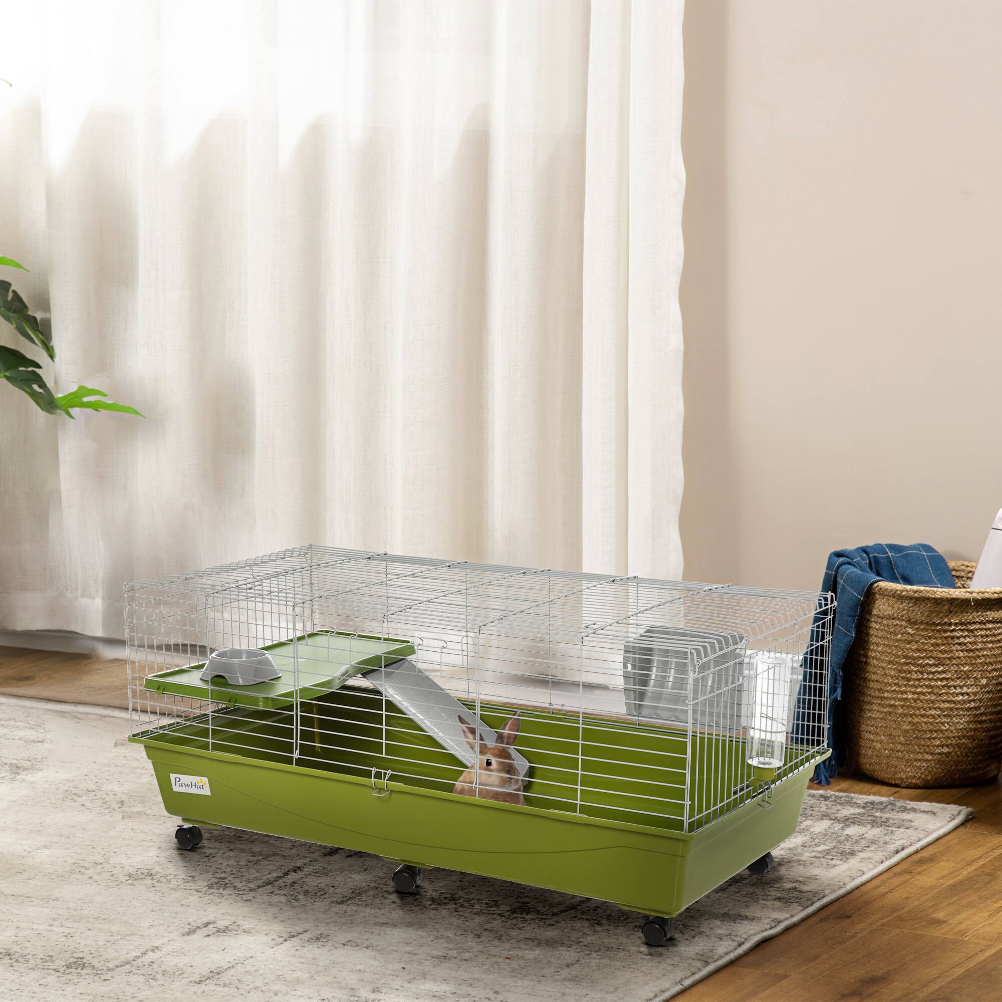 Angle. Pawhut - 35"L Small Animal Cage, Rolling Bunny Cage, Food Dish, Water Bottle, Hay Feeder, Platform, Ramp, Chinchilla.