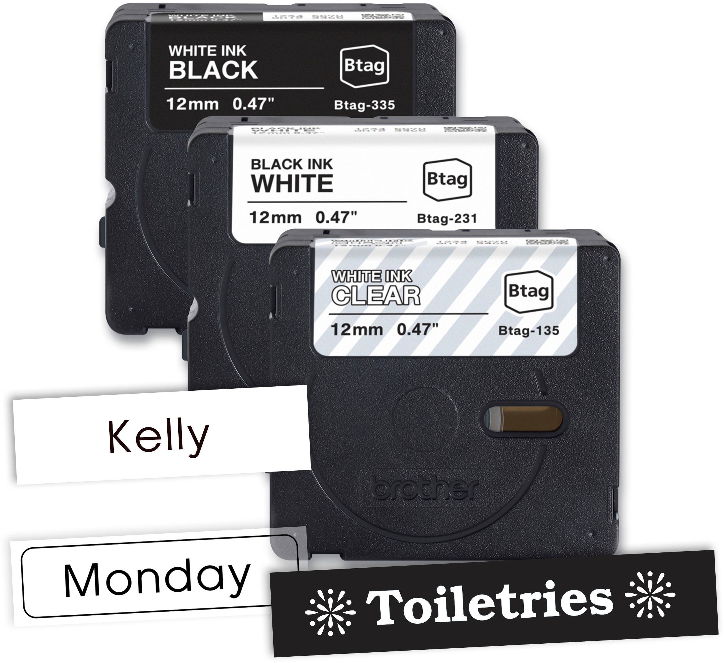 The text on the image can be grouped and corrected as follows:

1. "Black Ink White Clear" - This is the text on the black ink cartridge.
2. "Black Ink Black" - This is the text on the black ink cartridge.
3. "White Ink Black" - This is the text on the white ink cartridge.
4. "White Ink Clear" - This is the text on the clear ink cartridge.
5. "Kelly" - This is the name on the Monday toiletries sign.
6. "Brother" - This is the brand name on the Monday toiletries sign.
7. "Monday" - This is the day on the Monday toiletries sign.
8. "Toiletries" - This is the text on the Monday toiletries sign.