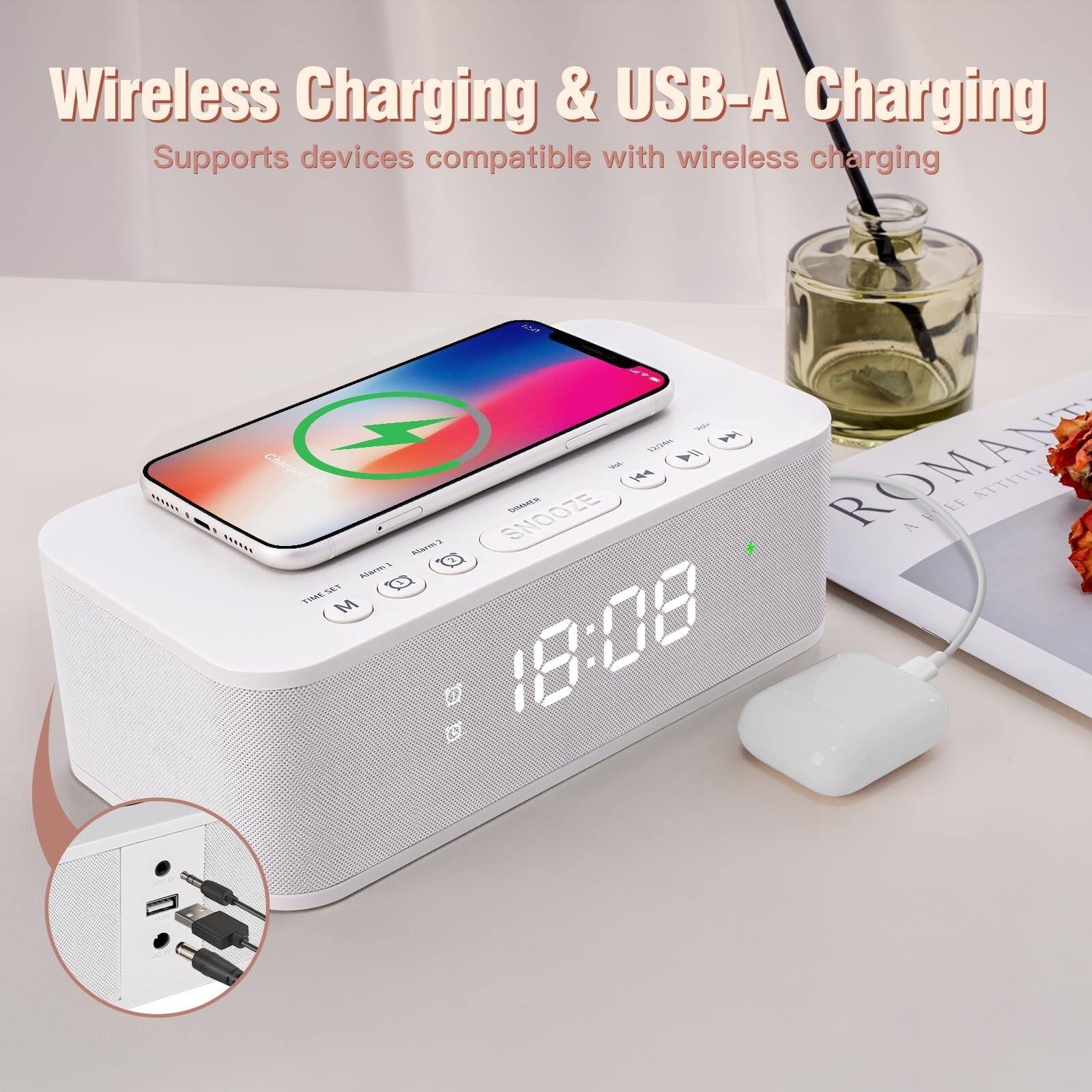Wireless Charging & USB-A Charging  
Supports devices compatible with wireless charging