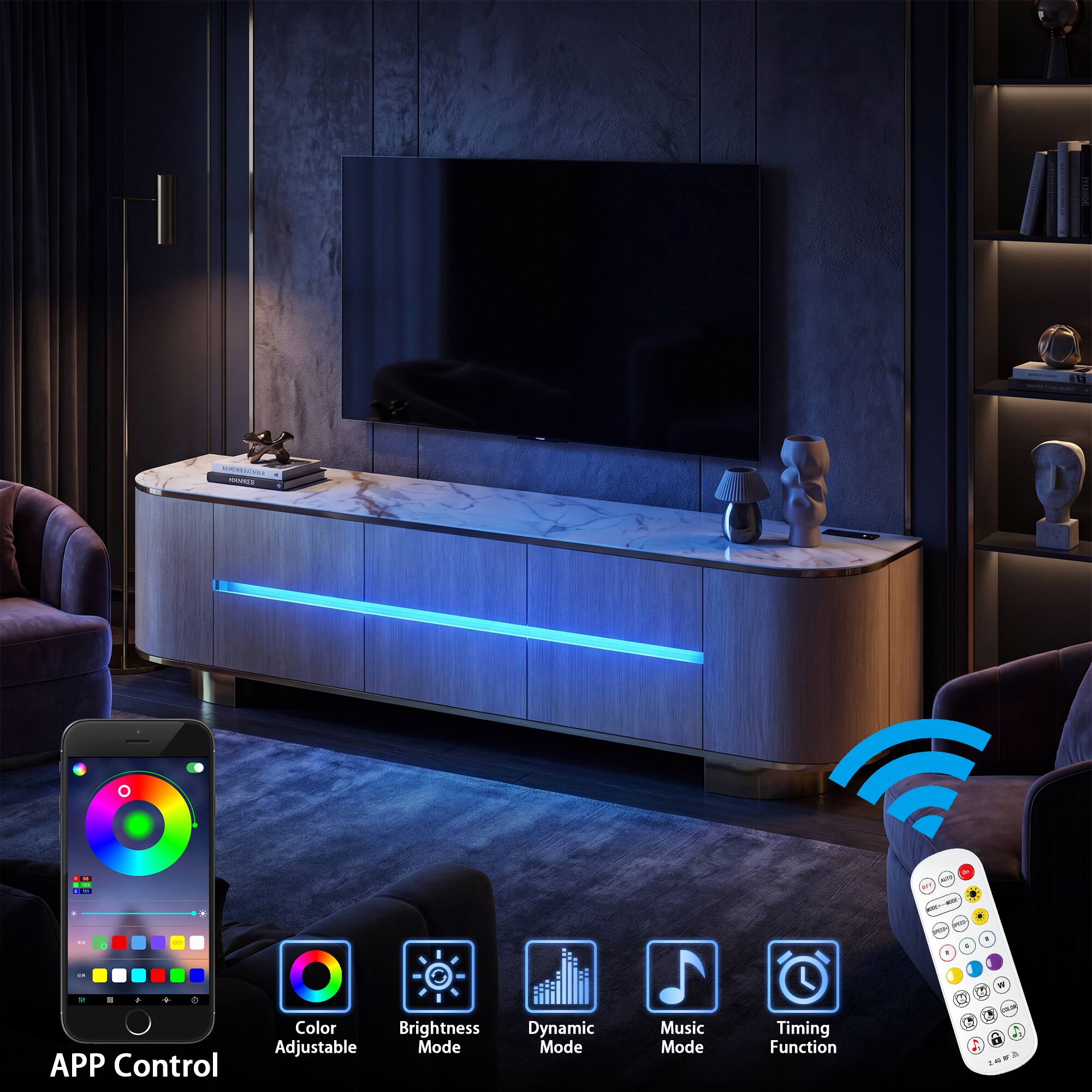 APP Control

- Color Adjustable
- Brightness Mode
- Dynamic Mode
- Music Mode
- Timing Function