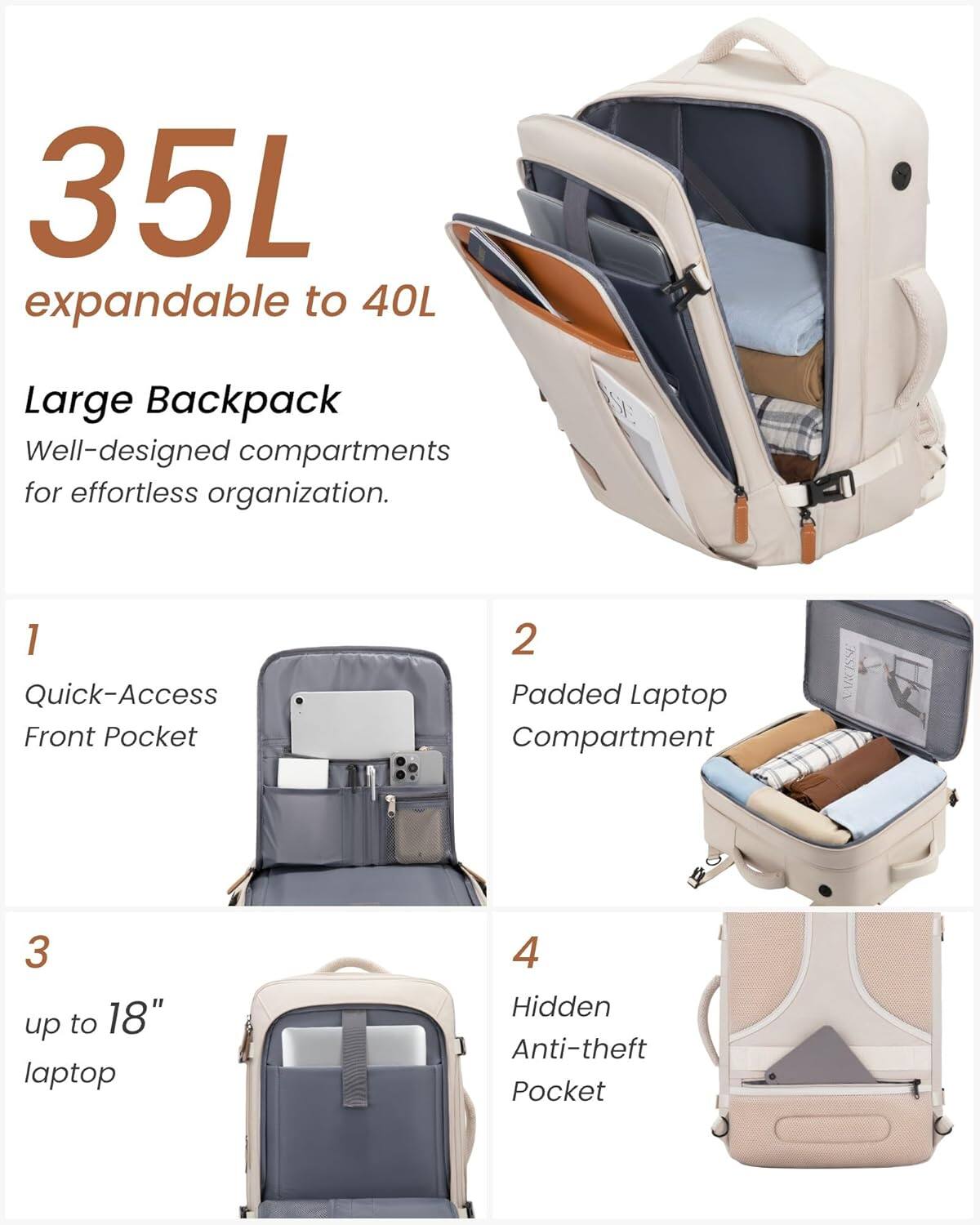 35L expandable to 40L Large Backpack  
Well-designed compartments for effortless organization.

1. Quick-Access Front Pocket  
2. Padded Laptop Compartment  
3. up to 18" laptop  
4. Hidden Anti-theft Pocket