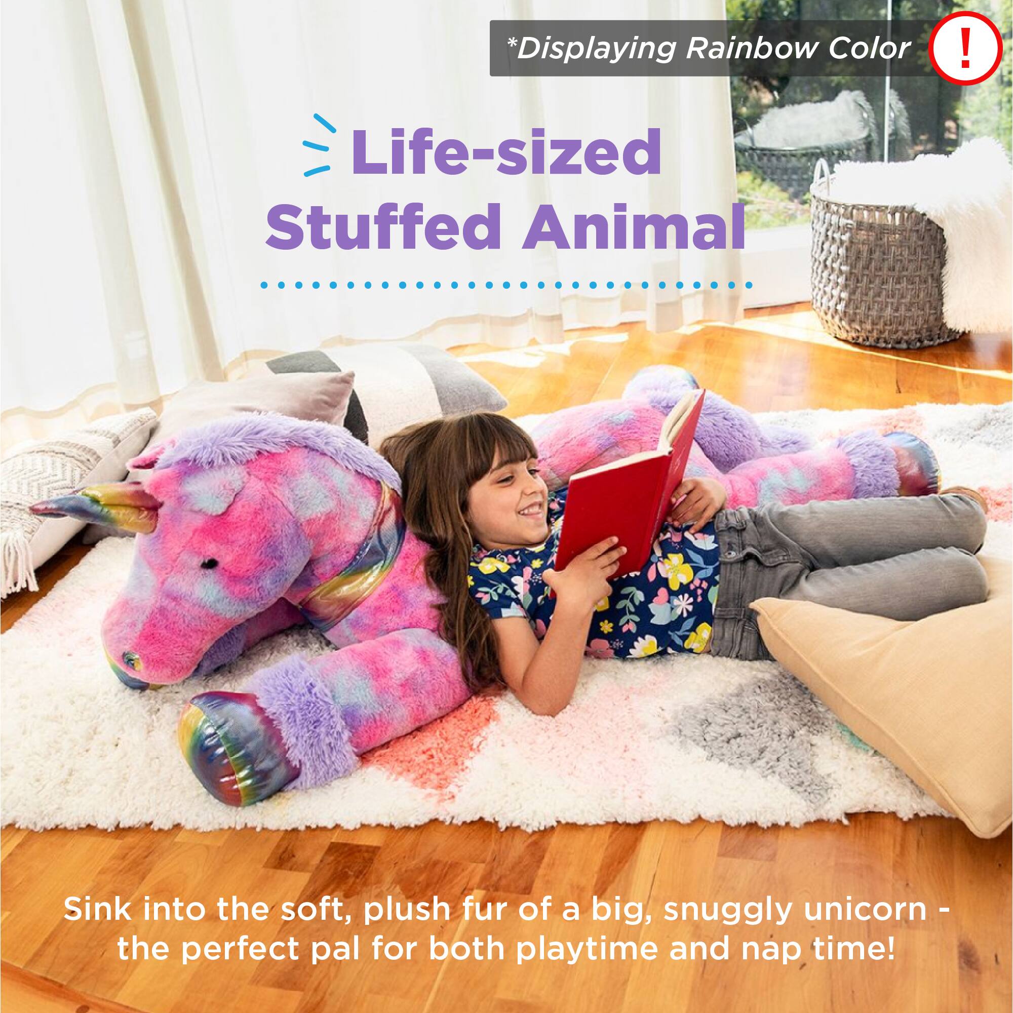 *Displaying Rainbow Color

Life-sized Stuffed Animal

Sink into the soft, plush fur of a big, snuggly unicorn - the perfect pal for both playtime and nap time!