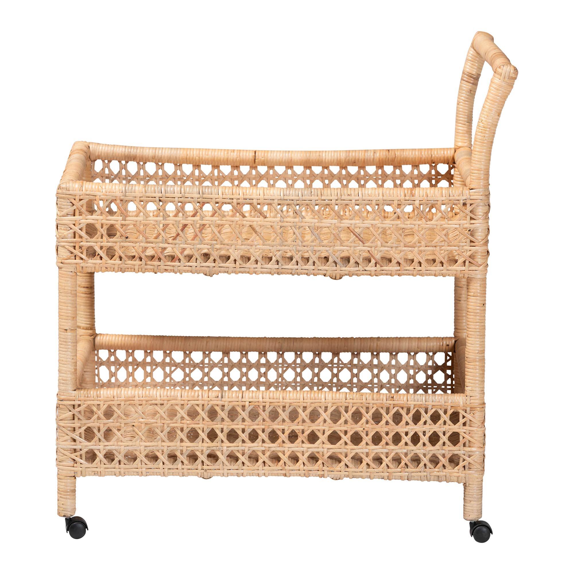 Angle. bali & pari - Alaina Natural Rattan Kitchen Cart - 2-Tier Handwoven Wicker Storage Trolley with Handle for Kitchen or Lounge - Natural Rattan.
