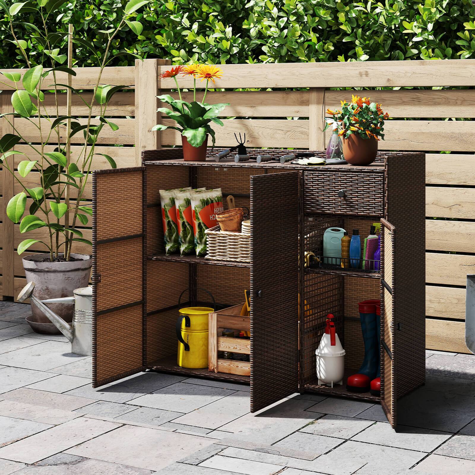 Alt View 1. Costway - Costway Outdoor PE Wicker Storage Cabinet with 3 Doors Adjustable Shelves and Drawer - Brown.