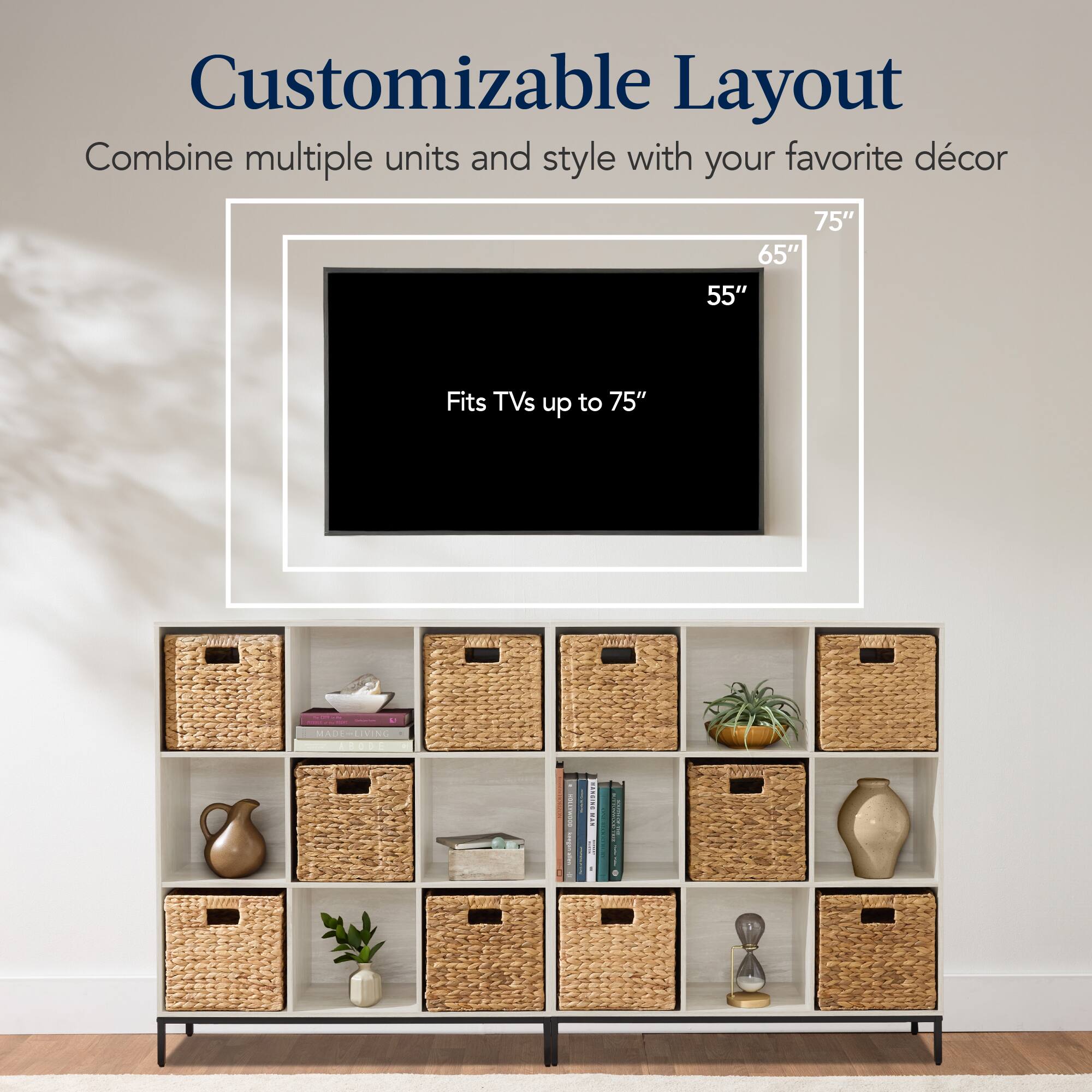 Customizable Layout: Combine multiple units and style with your favorite décor. Fits TVs up to 75".