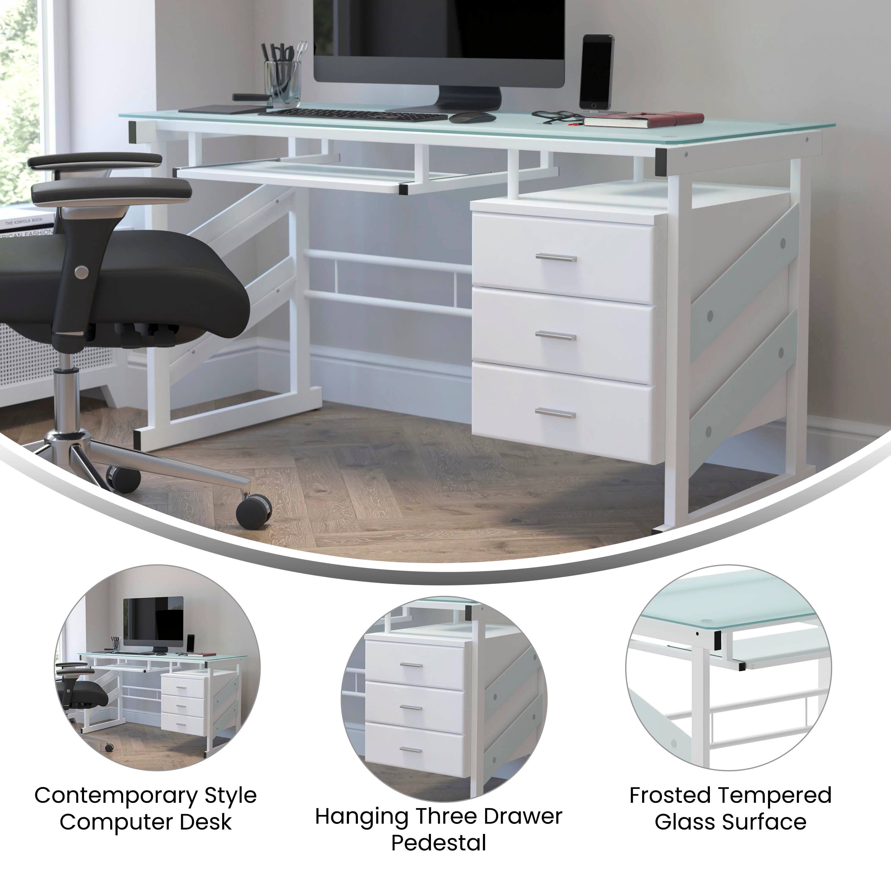 I A Contemporary Style Computer Desk Hanging Three Drawer Pedestal Frosted Tempered Glass Surface