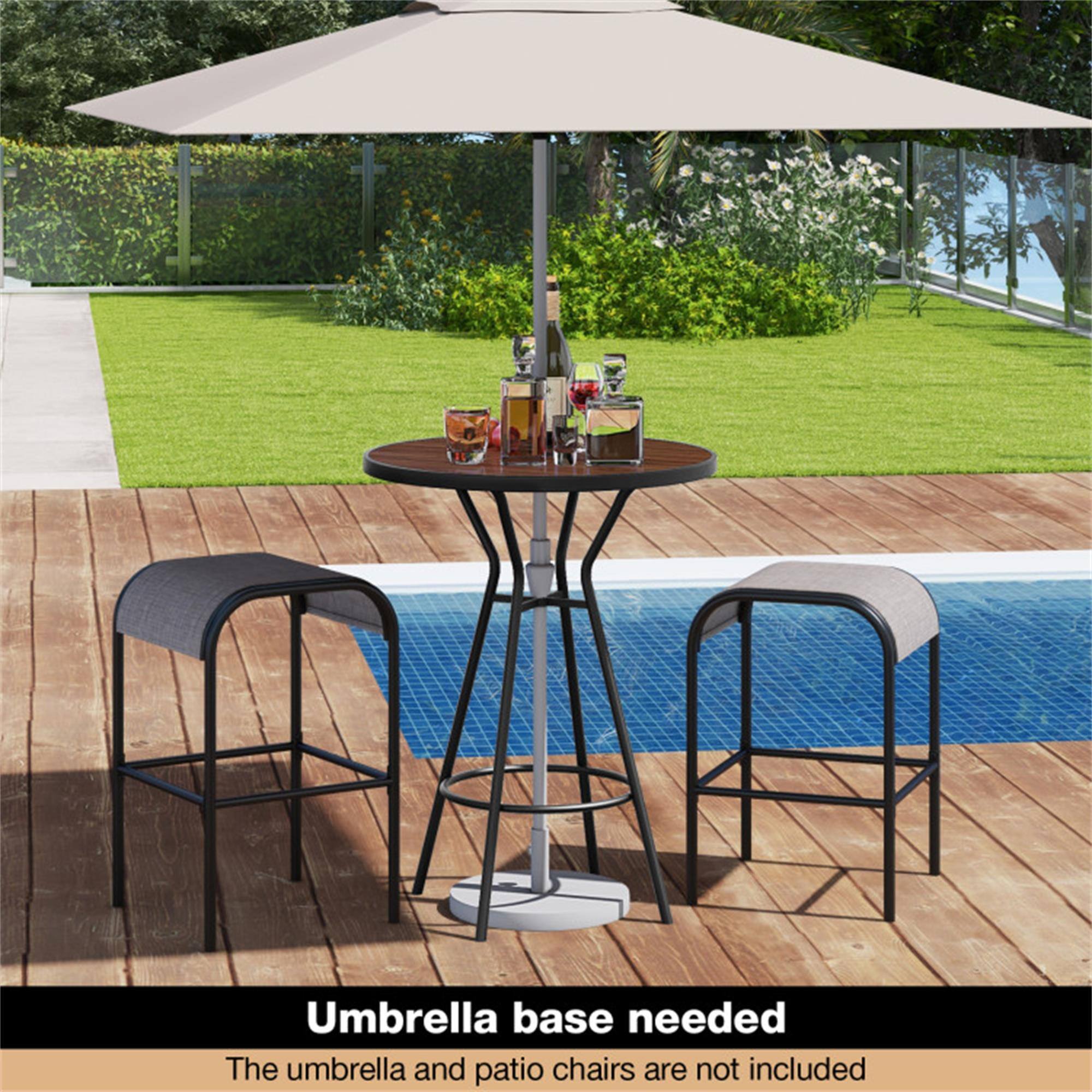 Umbrella base needed  
The umbrella and patio chairs are not included