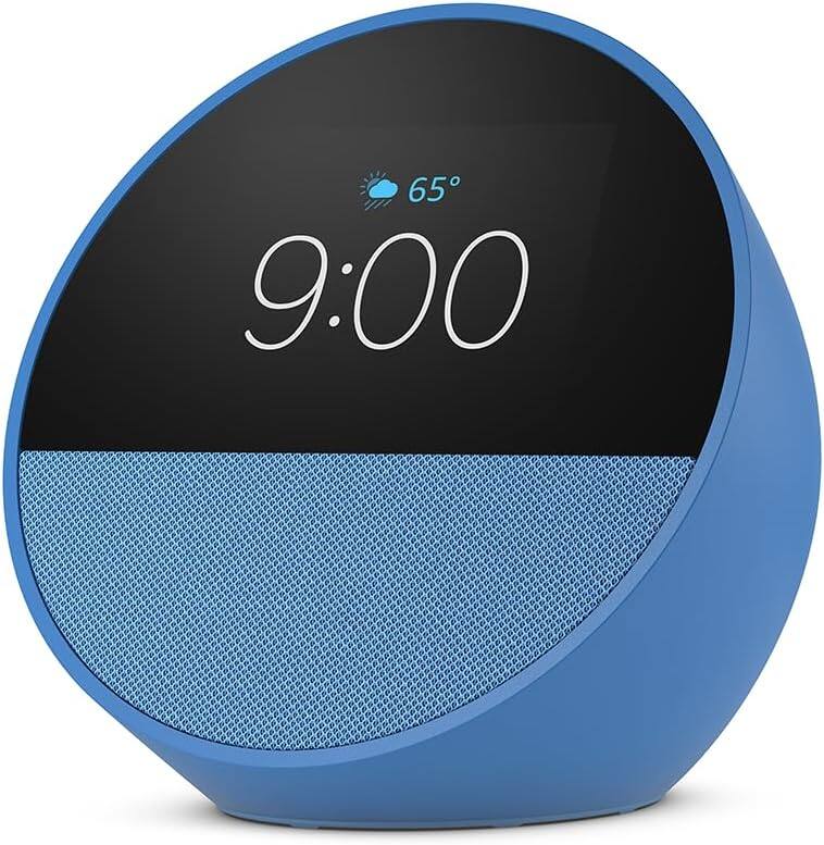 Alt View 2. Amazon - Echo Spot (2024) Smart alarm clock w/ vibrant sound and Alexa -Blue + Screen Cleaning Kit - Blue.