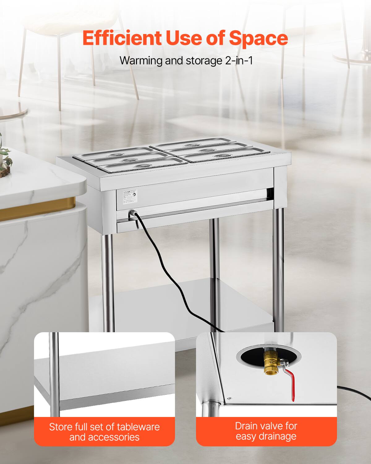 Efficient Use of Space  
Warming and storage 2-in-1  

Store full set of tableware and accessories  

Drain valve for easy drainage