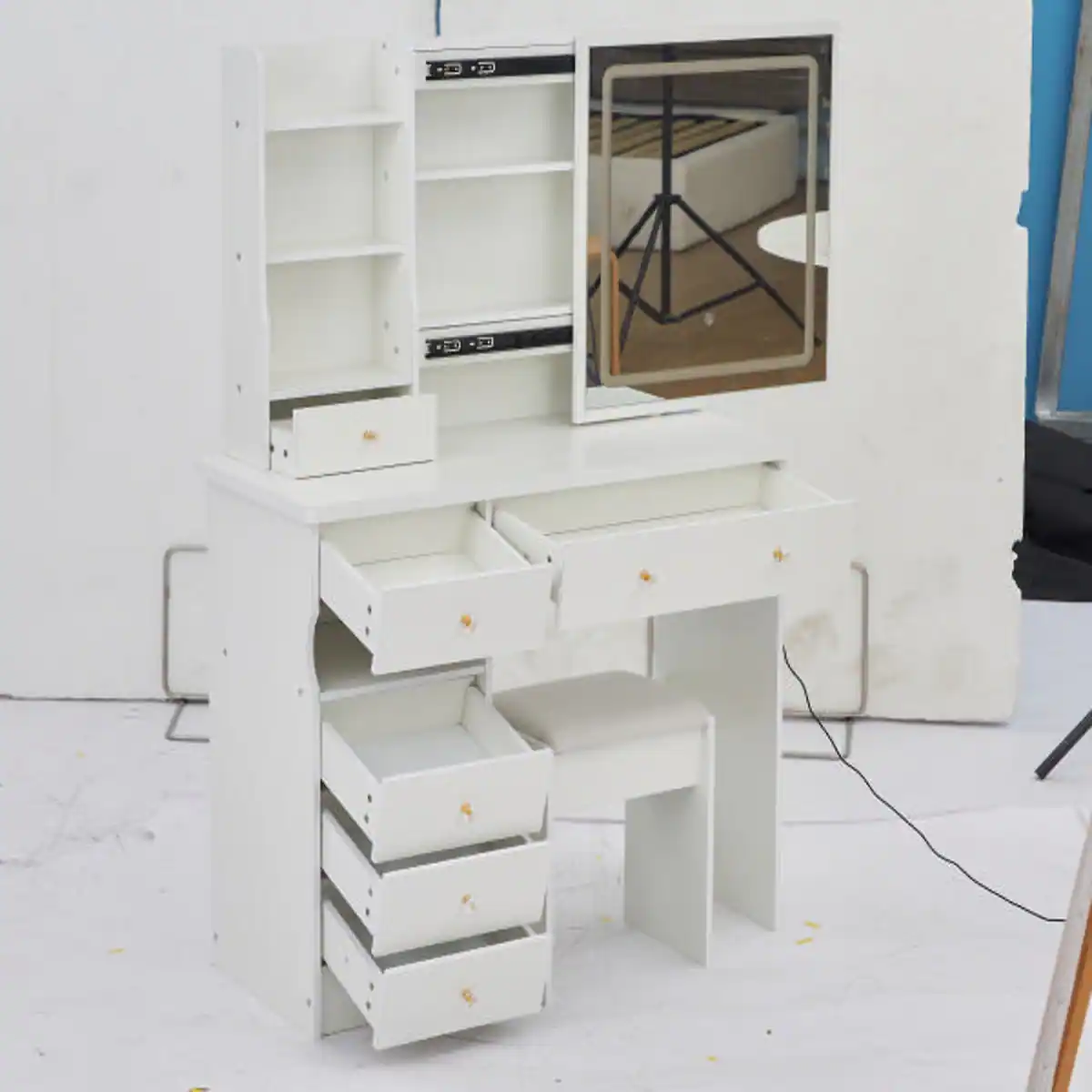 Alt View 2. Loheer - Loheer 37 inch makeup vanity table with cushioned stool, sliding mirror, LED lights and charging station - White.