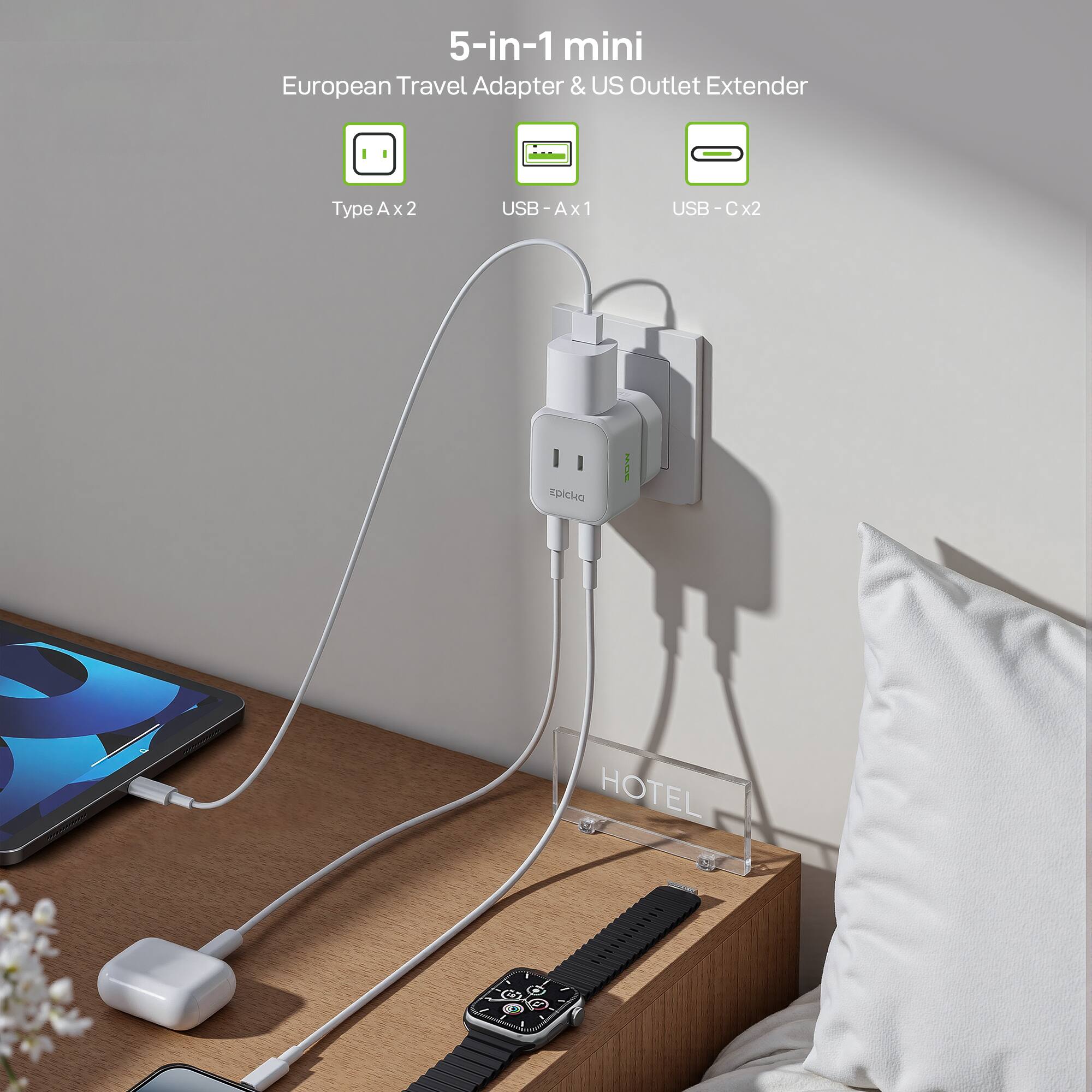 5-in-1 mini  
European Travel Adapter & US Outlet Extender  

Type A x 2  
USB-A x 1  
USB-C x 2  

EPICKA