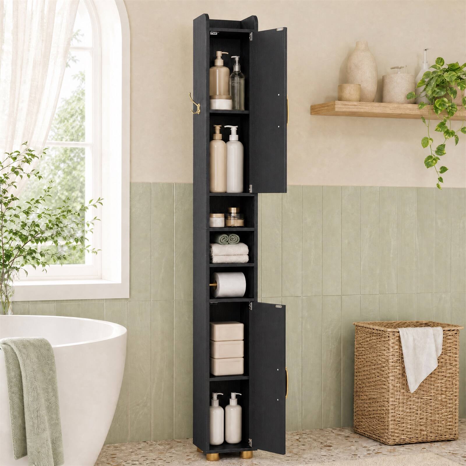 Alt View 5. Costway - Costway 1 PCS 69.5" Narrow Bathroom Cabinet with 2 Doors & Adjustable Shelves for Small Spaces - Black.