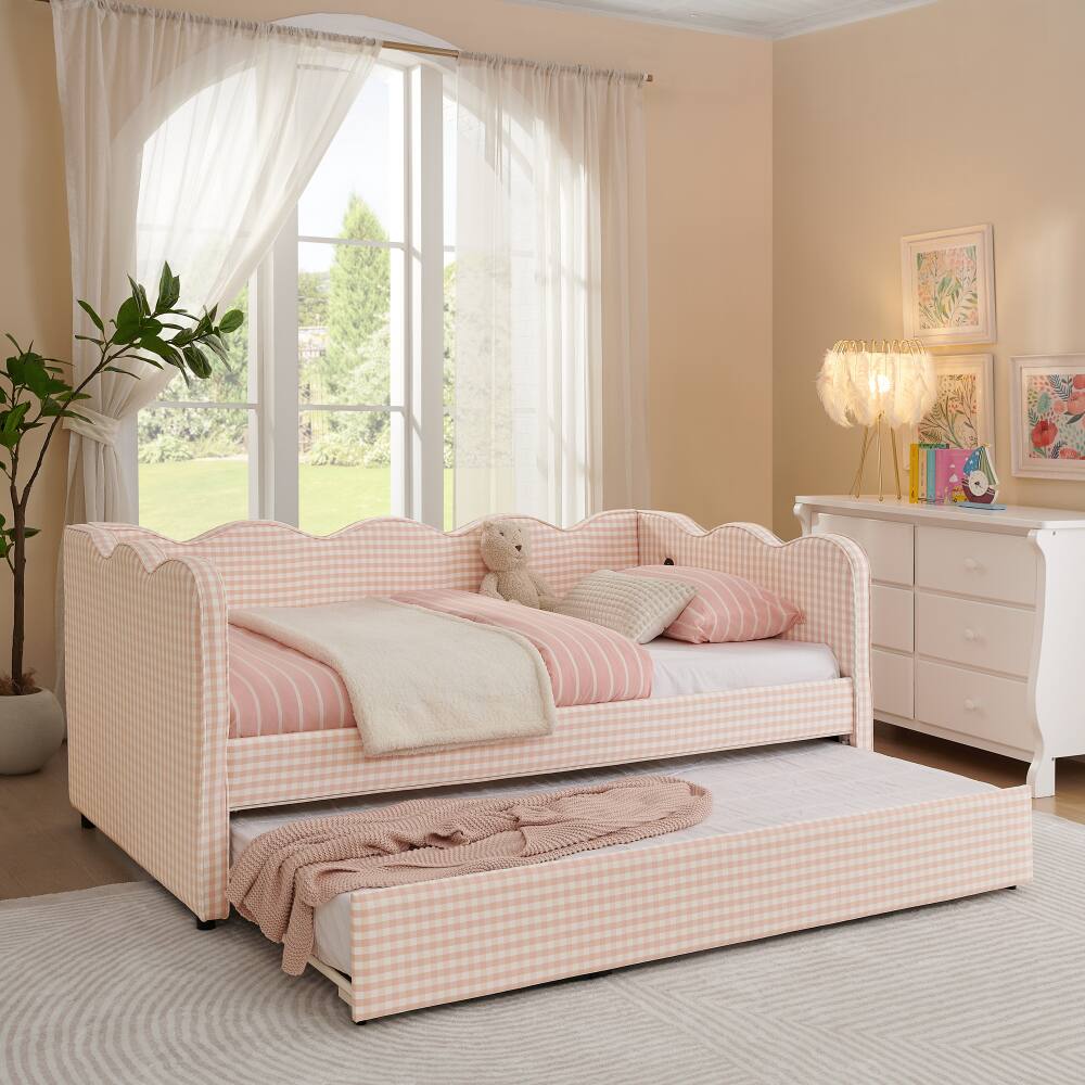 Left. JUJABU - Pink Cozy Gingham Daybed with Twin Size Trundle No Box Spring Needed, with USB Port and Adorable Wave Shaped - Pink.