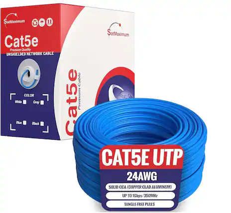 SatMaximum Cat5e Premium Quality UNSHIELDED NETWORK CABLE COLOR White Gray Blue Black Cable Cat5e Premium SatMaximum CAT5E UTP 24AWG SOLID CCA (COPPER CLAD ALUMINUM) UP TO 1Gbps/350MHz TANGLE-FREE PULLS