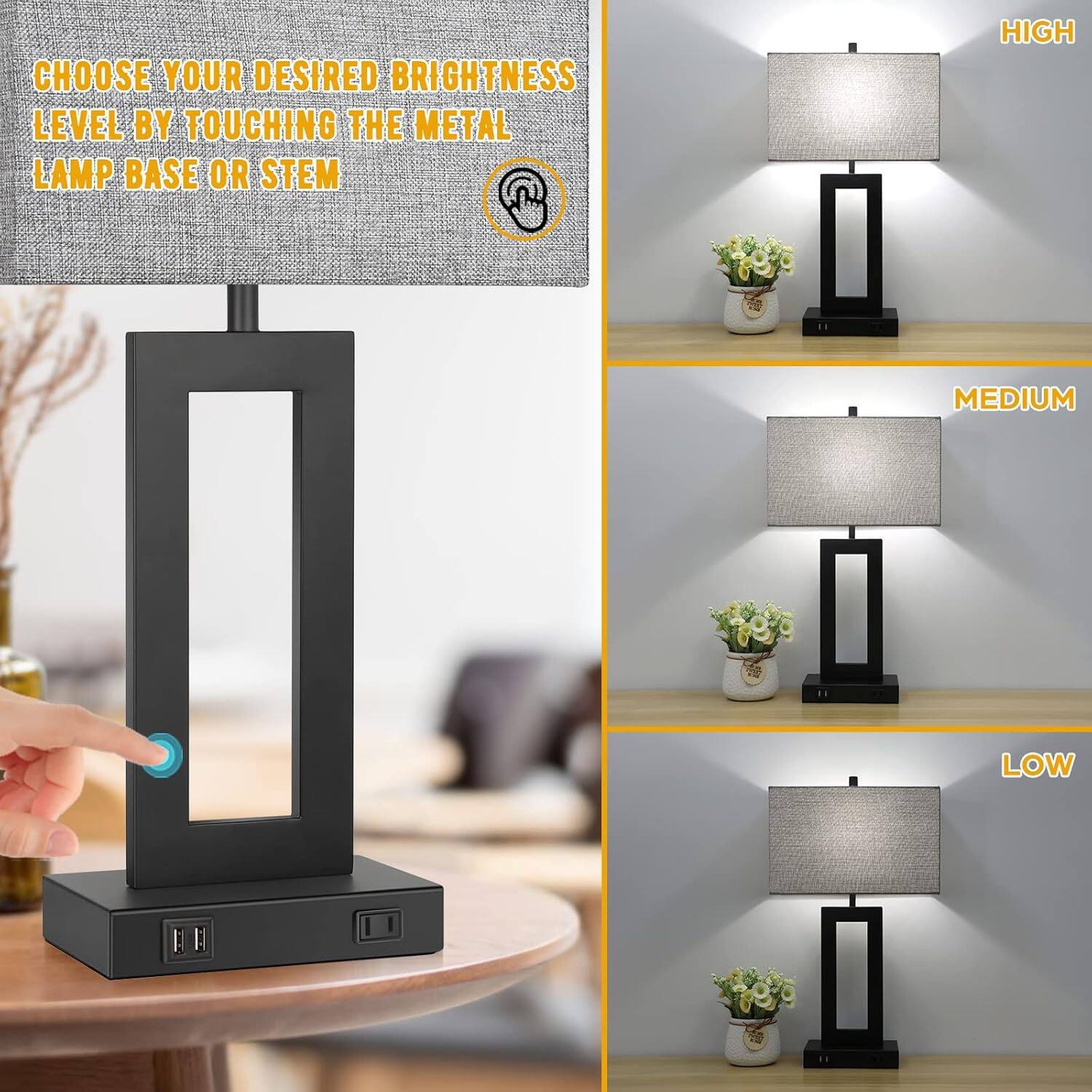 CHOOSE YOUR DESIRED BRIGHTNESS LEVEL BY TOUCHING THE METAL LAMP BASE OR STEM HIGH MEDIUM LOW