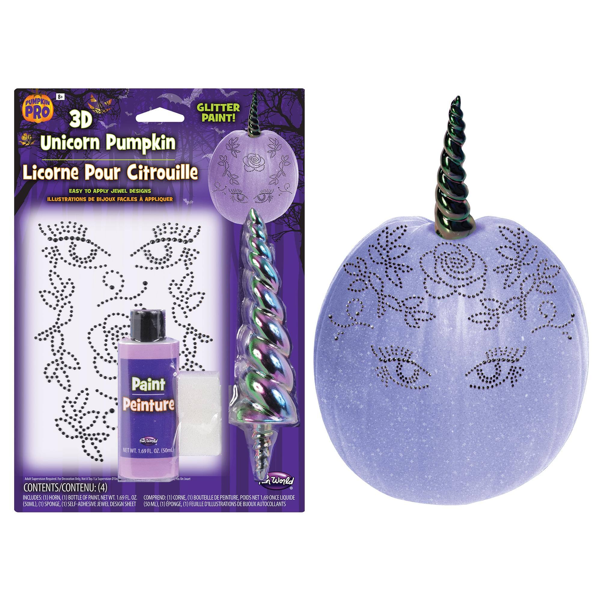 Pumpkin Glitter Pro 3D Paint!  
Unicorn Pumpkin Licorne Pour Citrouille  
Easy to Apply Jewellery Designs Illustrations de Bijoux Faciles à Appliquer  

Paint Peinture  

Contents/Contenu:  
(4) Includes:  
1) Horn  
2) Bottle of Paint Net 1.69 FL OZ (50ml)  
3) Net Liquid Sponge  
4) Self-Adhesive Jewellery Design Sheet
