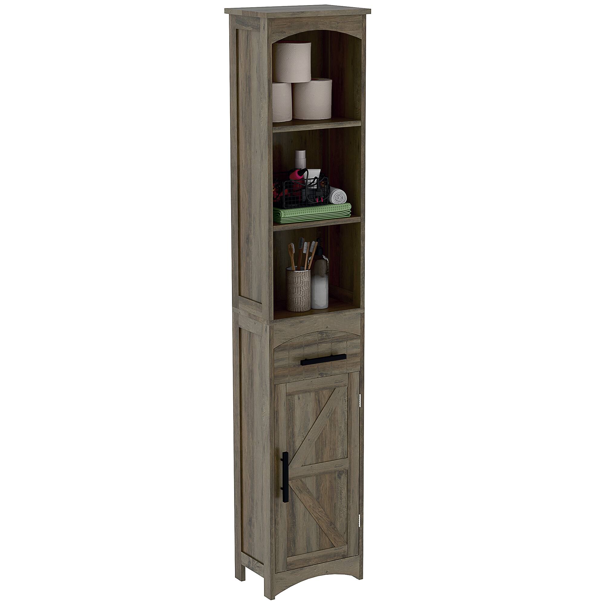 Homcom - Tall Bathroom Storage Cabinet, Farmhouse Narrow Bathroom Storage Cabinet with Recessed Drawer and Barn Door - Gray