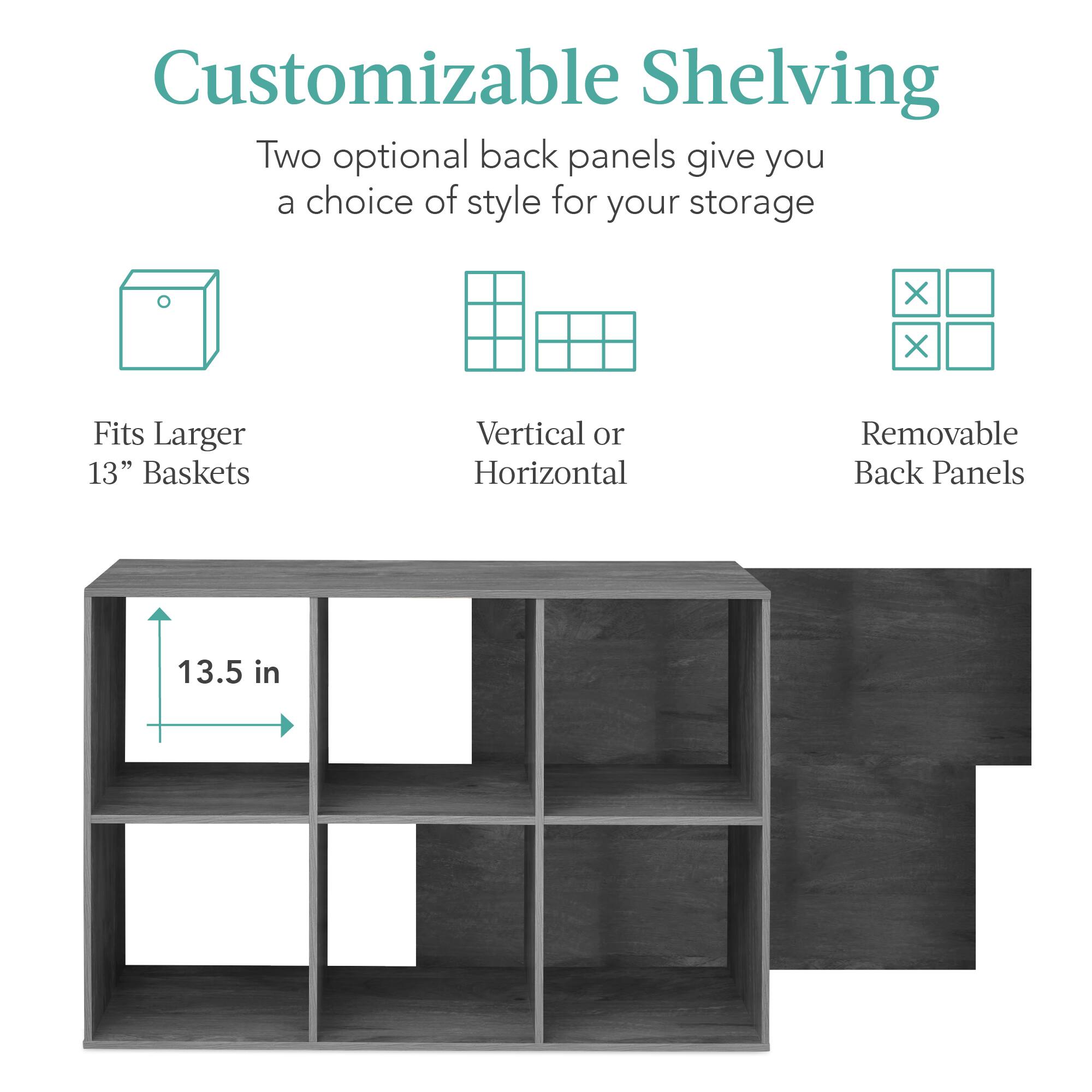 Customizable Shelving

Two optional back panels give you a choice of style for your storage.

- Fits Larger 13" Baskets
- Vertical or Horizontal
- Removable Back Panels

13.5 in