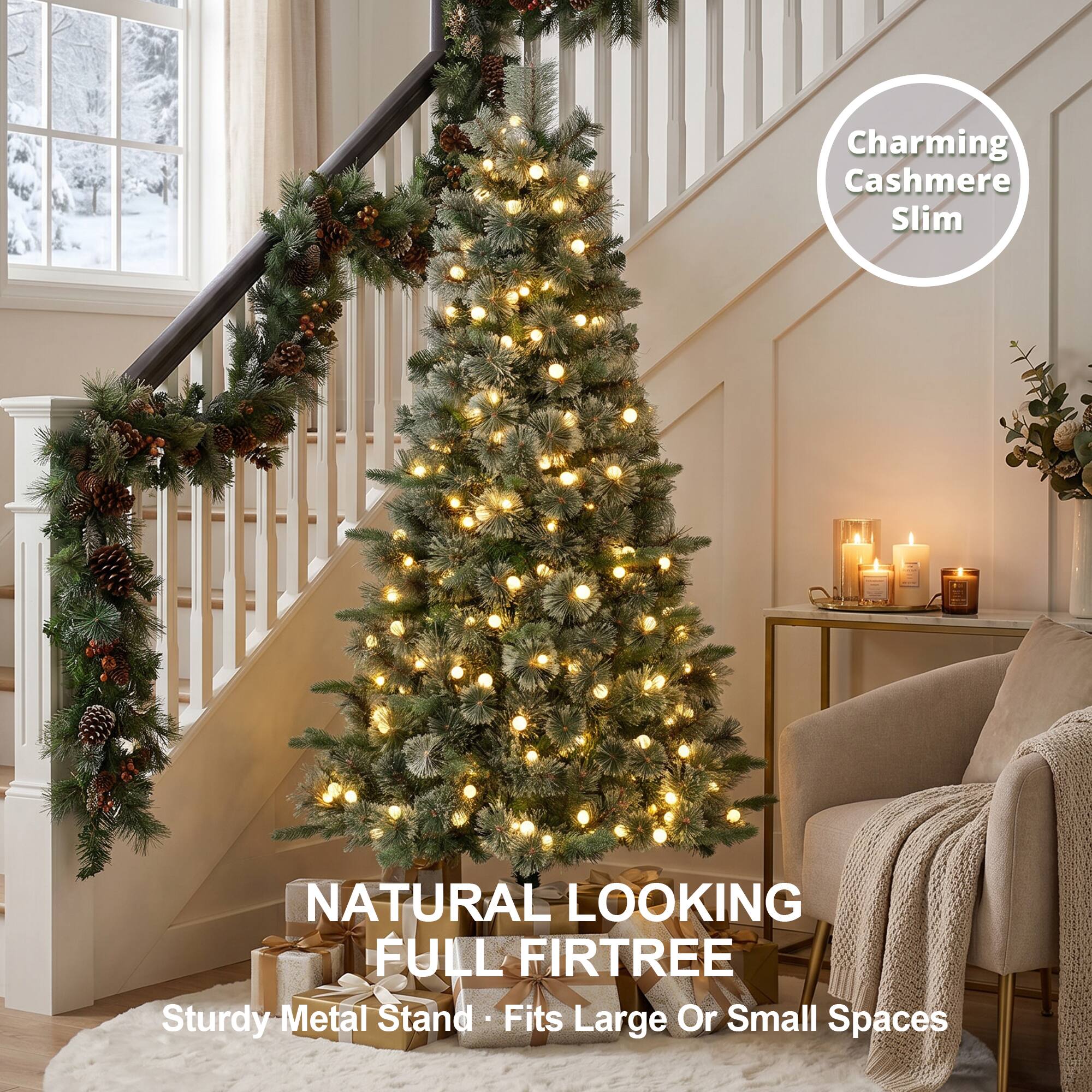 Charming Cashmere Slim

NATURAL LOOKING FULL FIR TREE

Sturdy Metal Stand • Fits Large Or Small Spaces