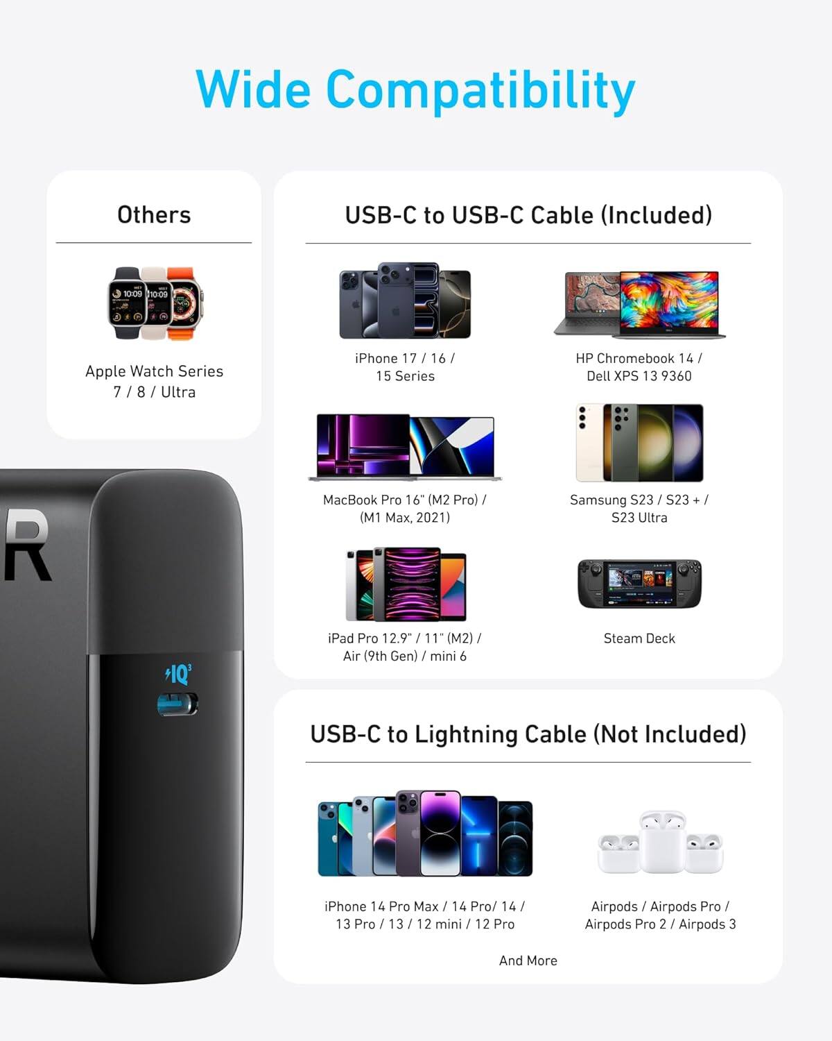 Wide Compatibility

Others
- Apple Watch Series 7 / 8 / Ultra

USB-C to USB-C Cable (Included)
- iPhone 17 / 16 / 15 Series
- HP Chromebook 14 / Dell XPS 13 9360
- MacBook Pro 16" (M2 Pro) / (M1 Max, 2021)
- Samsung S23 / S23+ / S23 Ultra
- iPad Pro 12.9" / 11" (M2) / Air (9th Gen) / mini 6
- Steam Deck

USB-C to Lightning Cable (Not Included)
- iPhone 14 Pro Max / 14 Pro / 14 / 13 Pro / 13 / 12 mini / 12 Pro
- Airpods / Airpods Pro / Airpods Pro 2 / Airpods 3
- And More